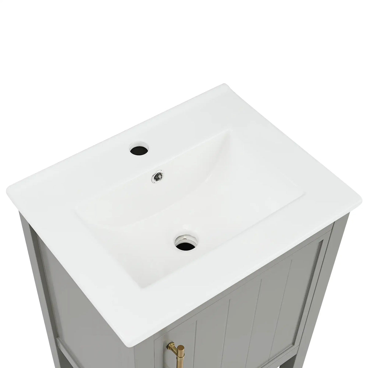 Mistford Series 20" grey bathroom vanity unit with ceramic sink top detail.