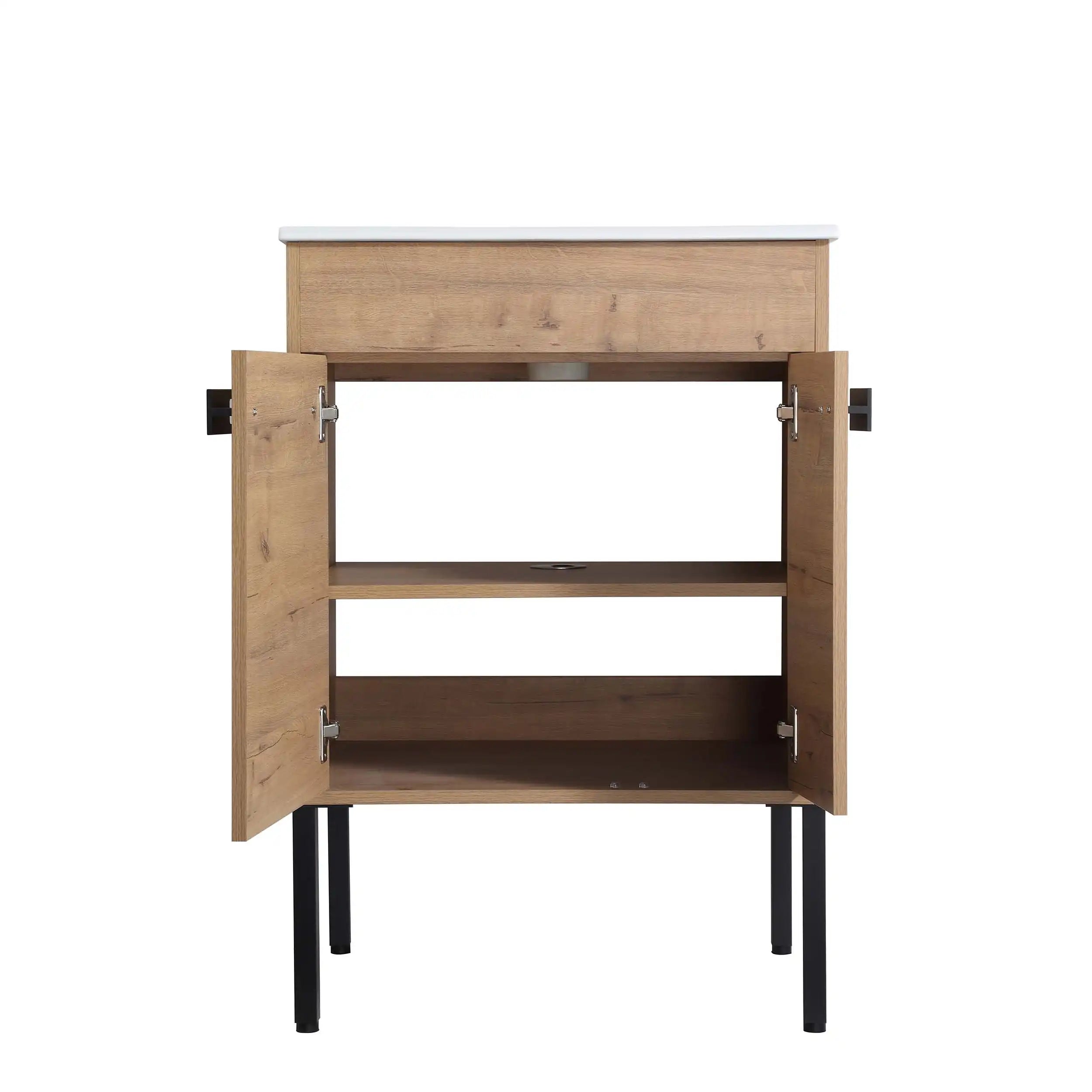 24" freestanding bathroom vanity with sink with double-door storage and interior shelf space.