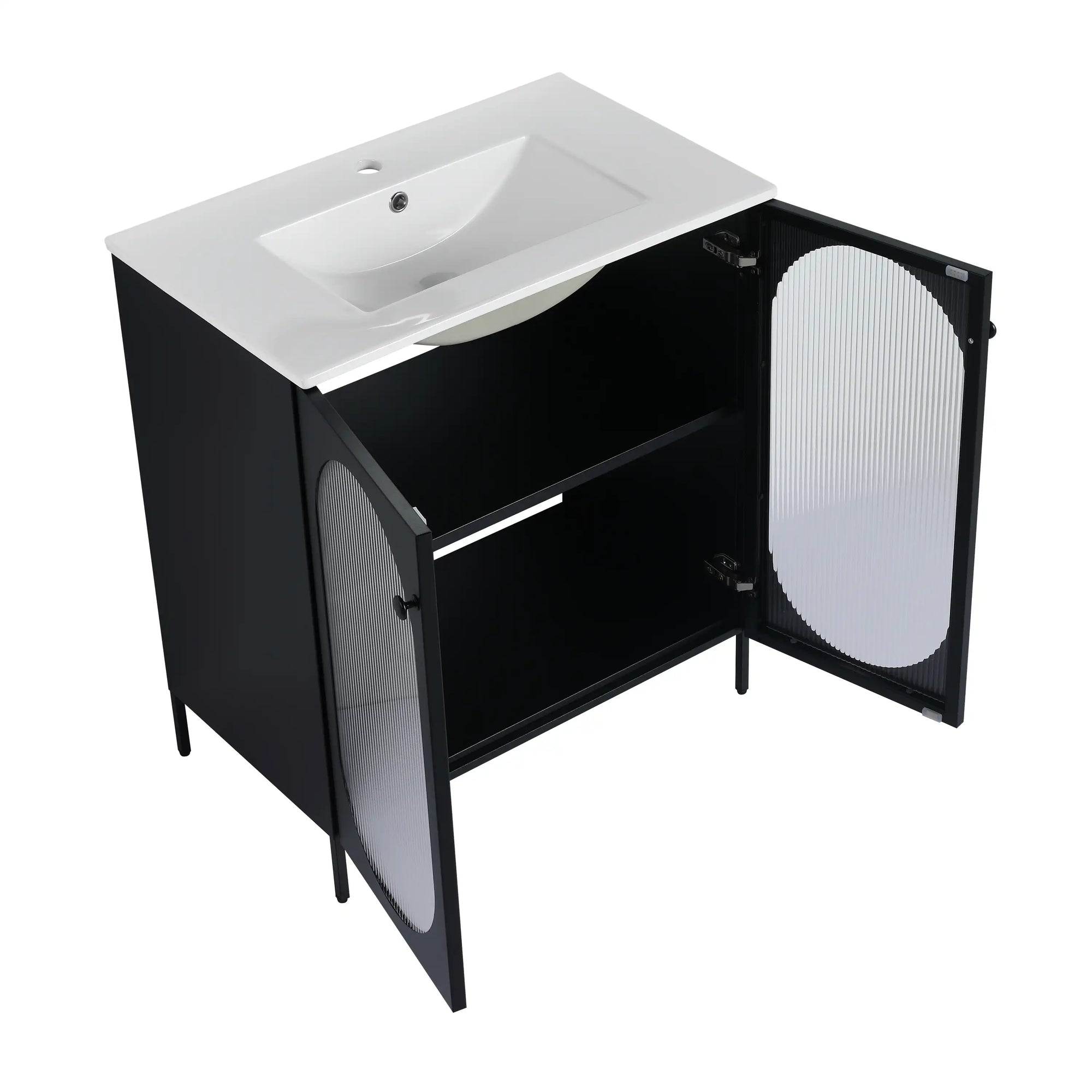 Open cabinet view of 30" black freestanding vanity with ceramic sink and storage shelf.