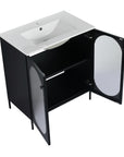 Open cabinet view of 30" black freestanding vanity with ceramic sink and storage shelf.