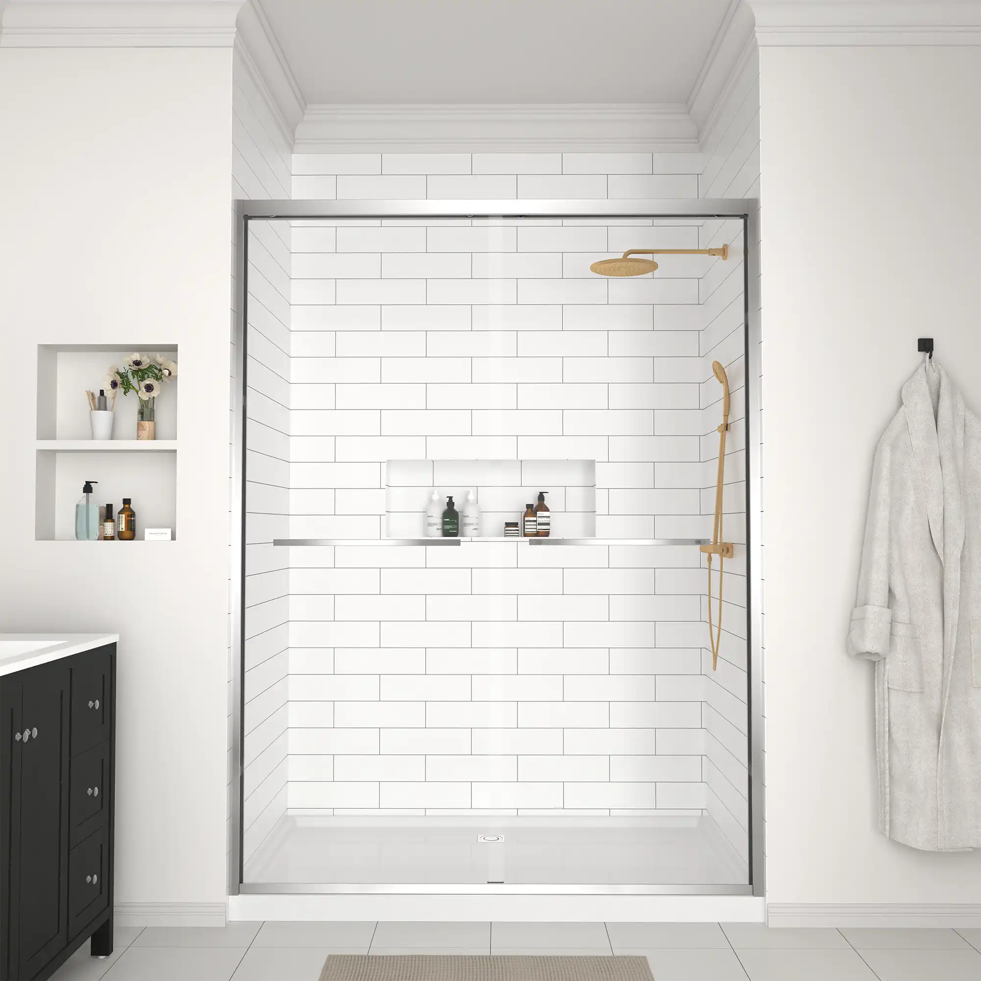 Front view of 60 x 70 chrome framed glass sliding shower door in a bright tiled bathroom.
