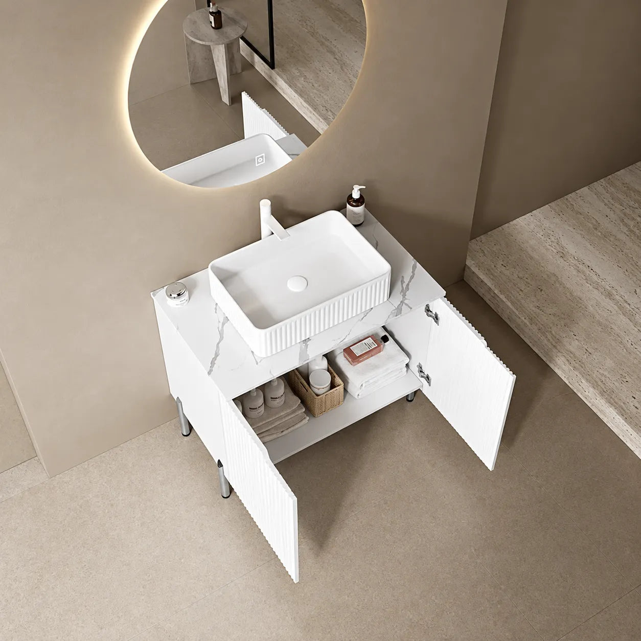 30 inch bathroom vanity with ceramic sink and marble countertop in a modern bathroom setting.
