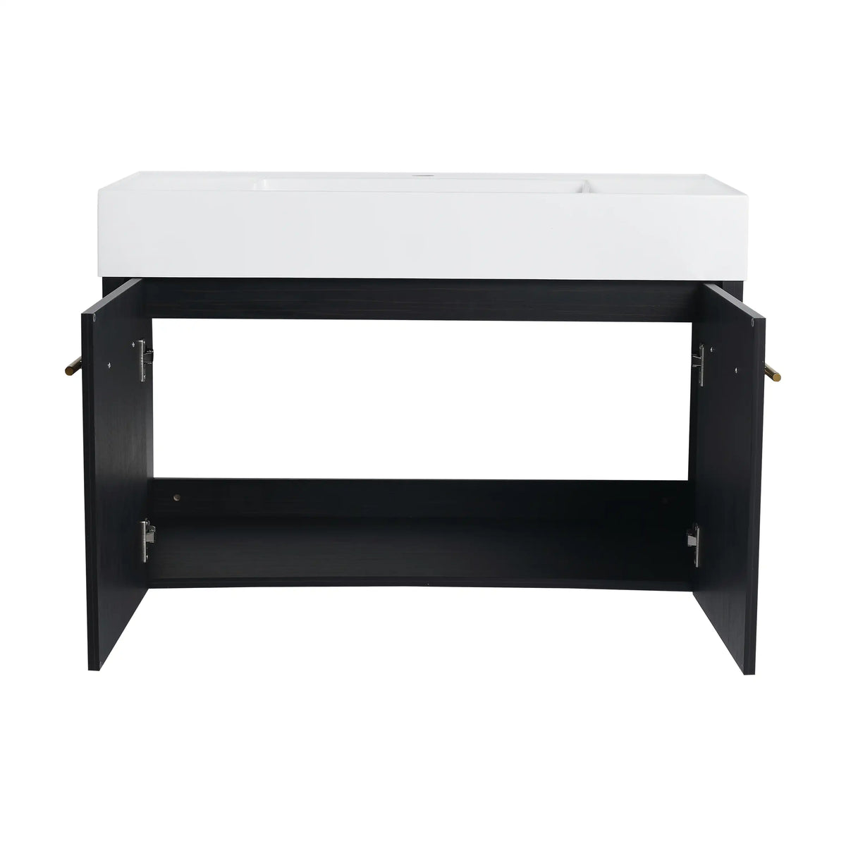 36 inch wall mounted bathroom vanity with open cabinet doors showign ample storage space.
