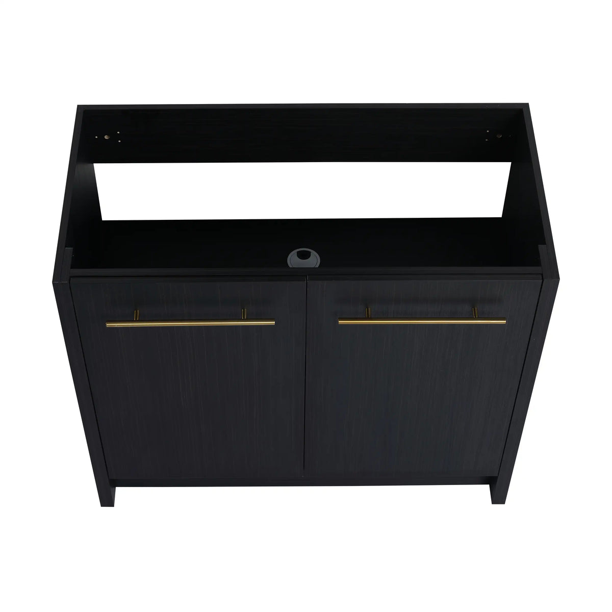 Front view of the 36 inch bathroom vanity in black chestnut finish with modern gold finsh handles.