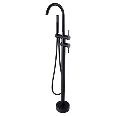 Modern Freestanding Black Tub Faucet with Handheld Shower, floor mounted design offering sleek style and dual function use.