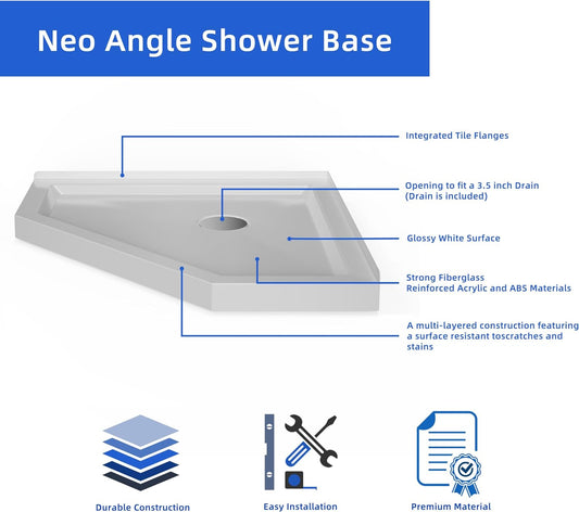 Corner Drain Neo-Angle Shower Base for Tile color:White