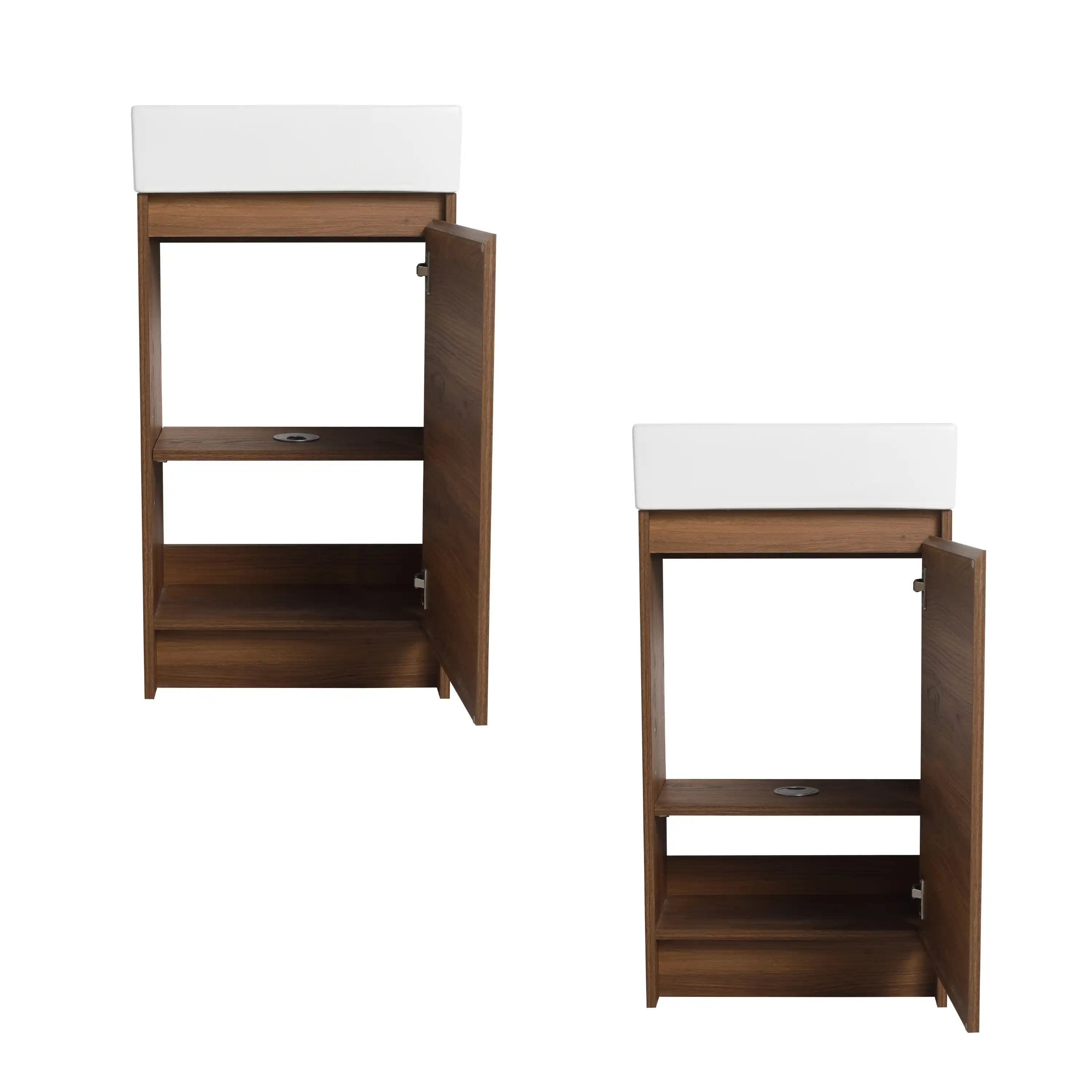 18" bathroom vanity with ceramic sink showing adjustable interior storage shelf design.
