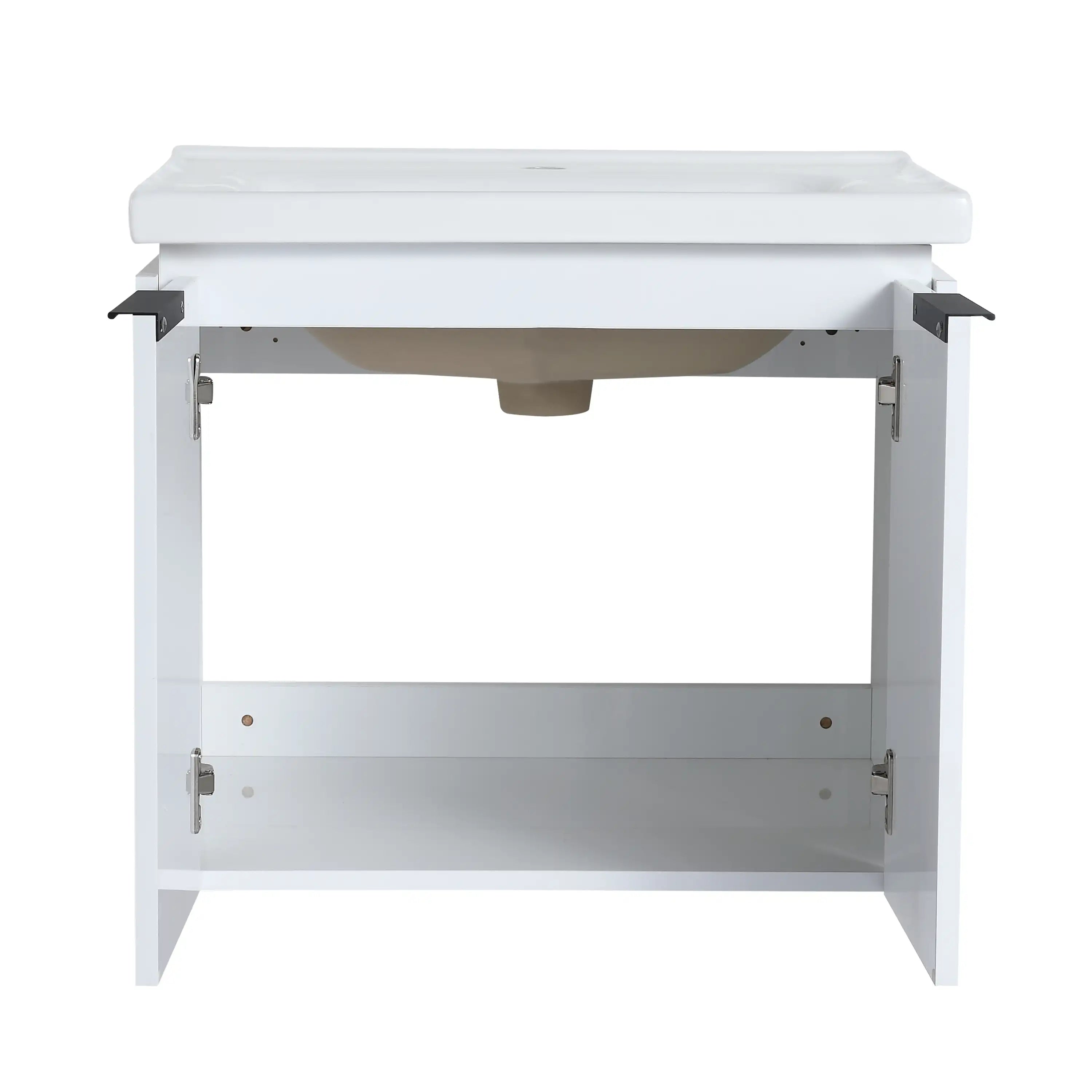 24 inch wall mounted vanity open cabinet interior with spacious storage compartment.