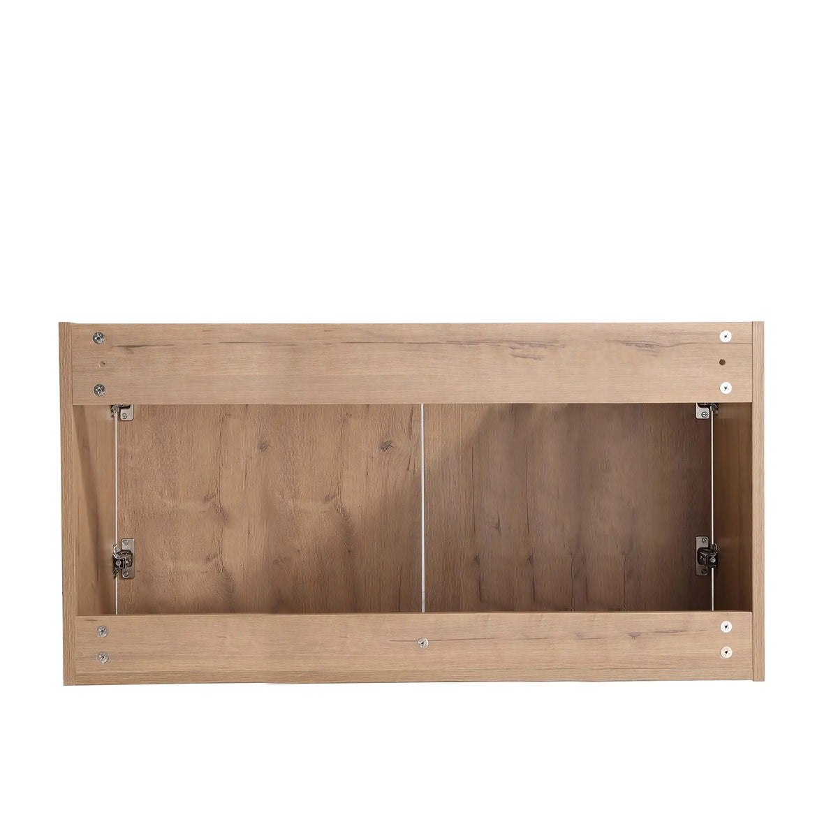 Rear view of the 36 inch bathroom floating vanity in oak finish showing durable plywood construction.