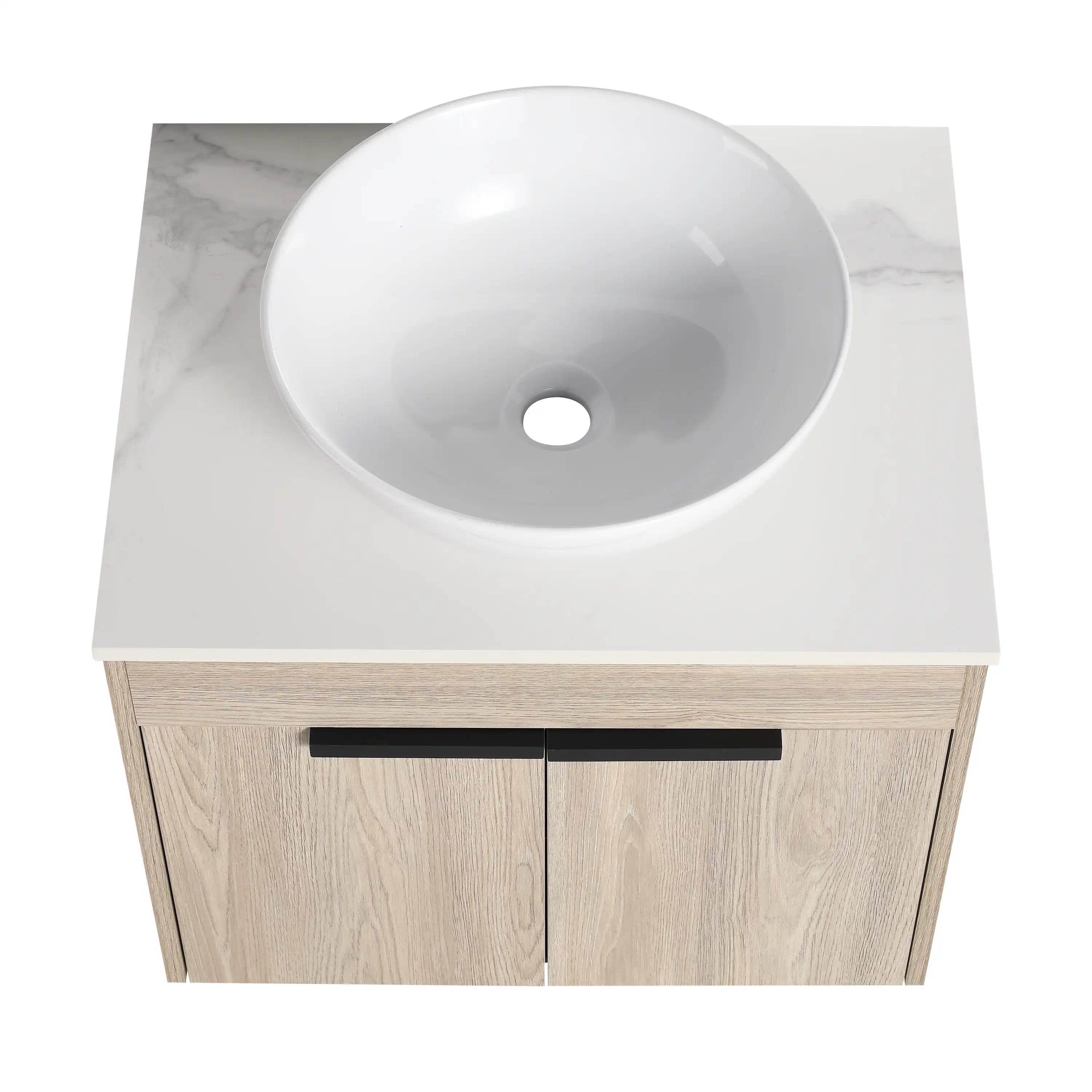 24" vessel sink vanity with round ceramic sink and countertop space.