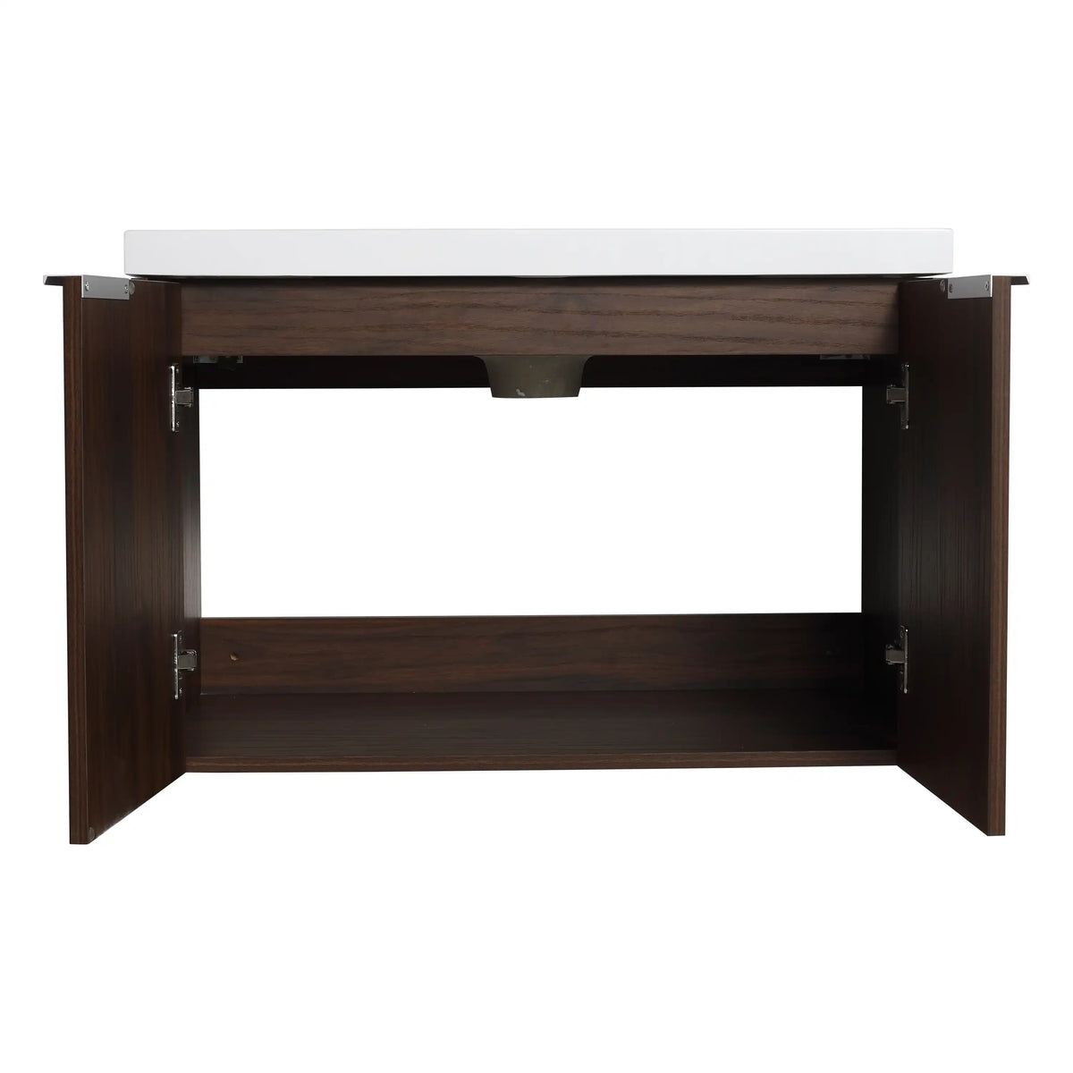 Monterey 30 inch bathroom vanity with cabinet doors opened showing ample storage space.