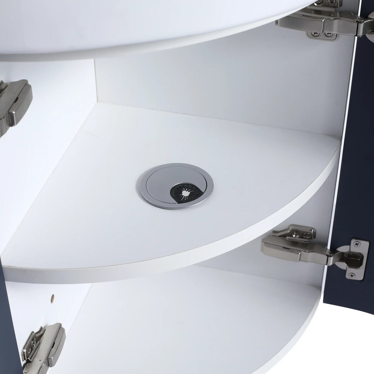 MetroMini 12.8 inch corner vanity with built-in drain pipe cut-out for easy plumbing installation.