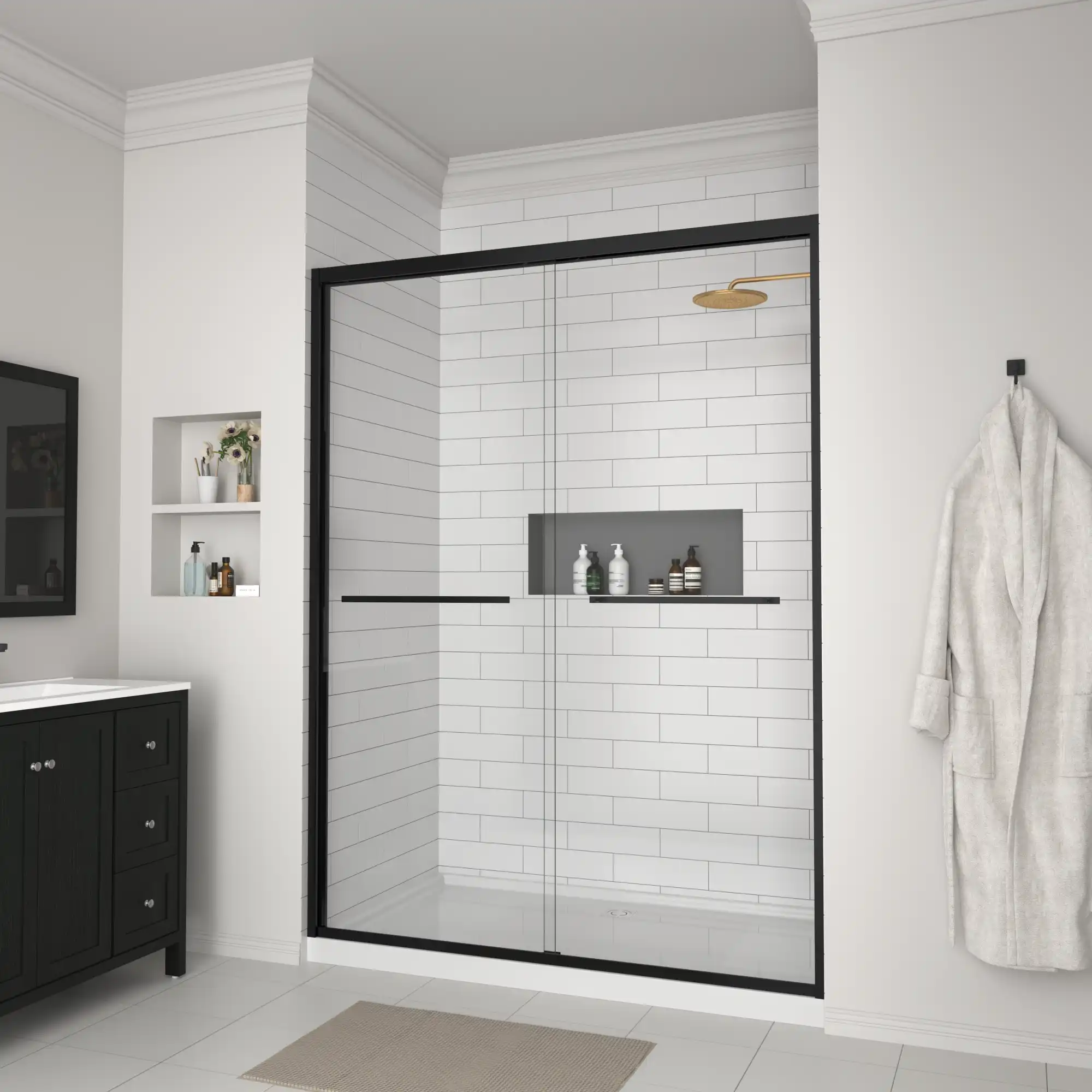 Bathroom installation view with black-framed sliding doors for shower, size 60 x 70 | Ace Decor