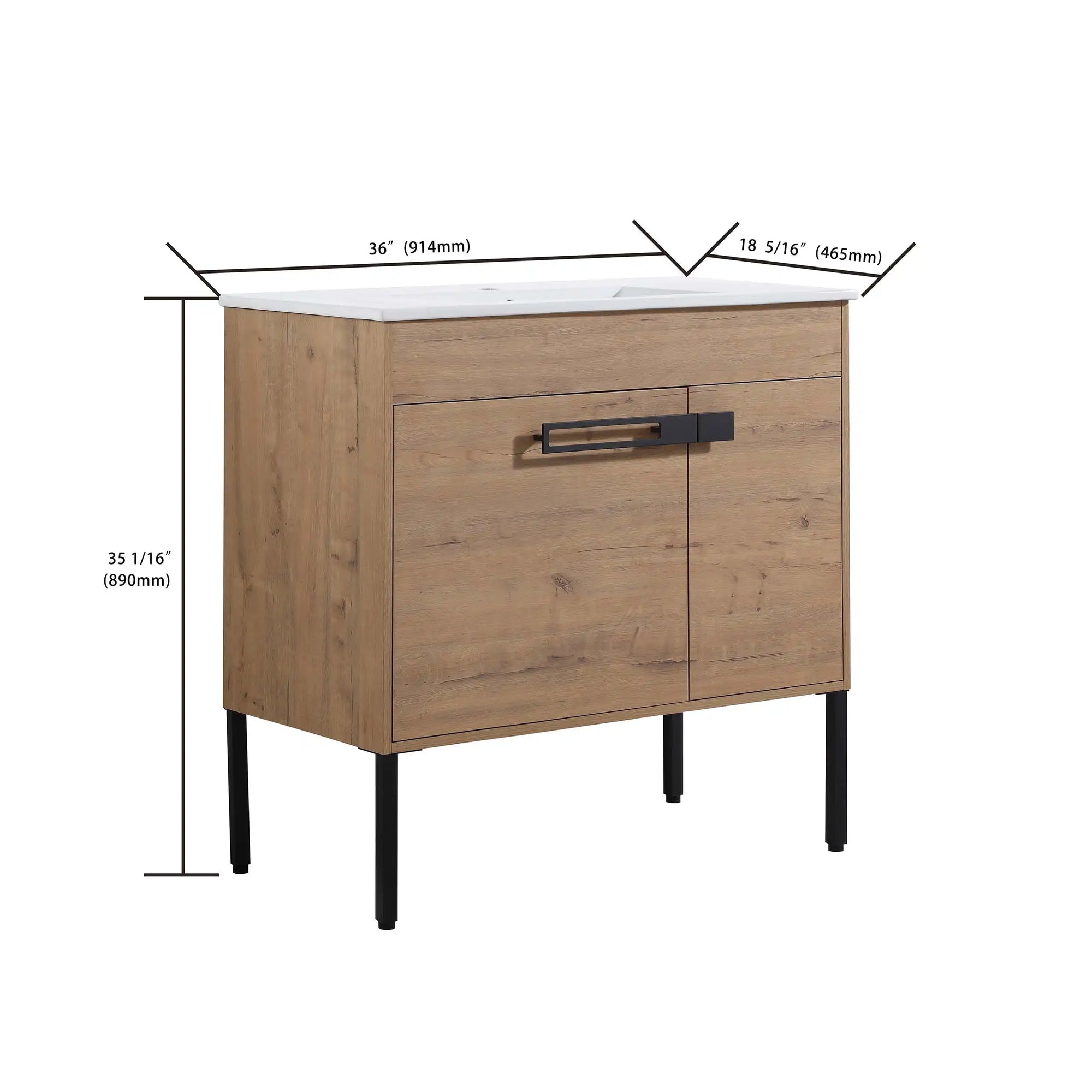 36" freestanding 36 inch bathroom vanity dimension diagram showing overall height, depth, and metal leg structure | Ace Decor