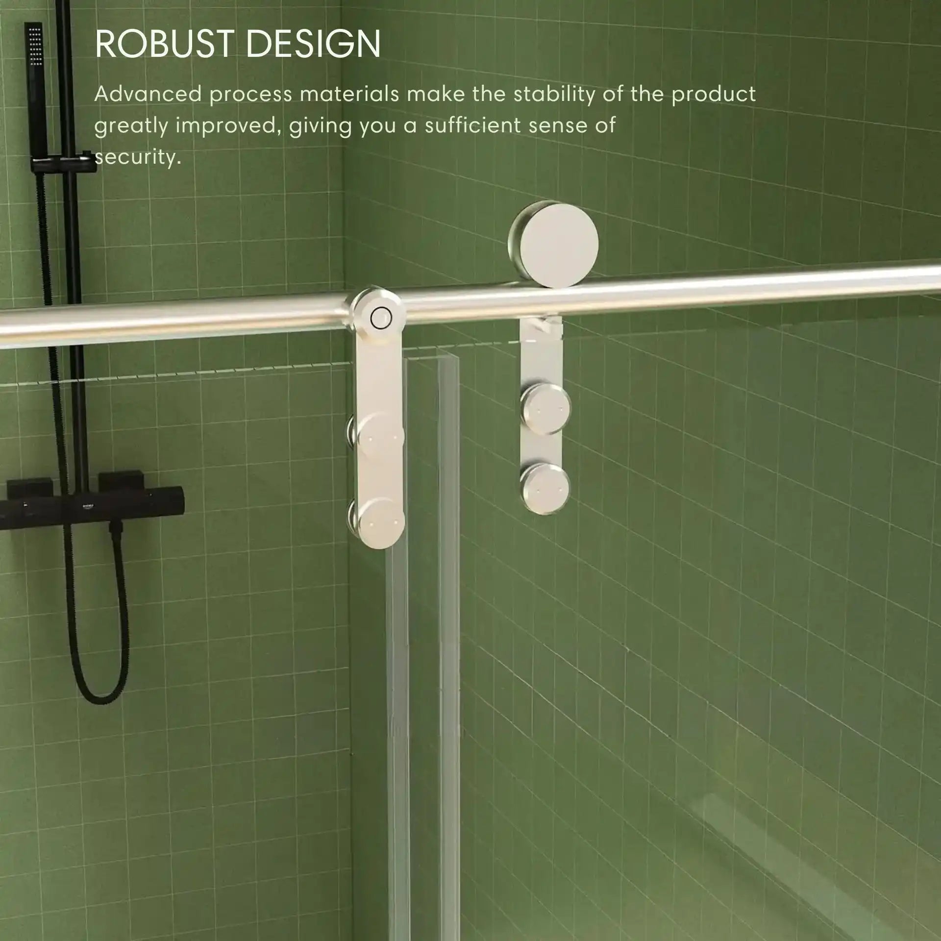 Close-up of shower door 60 x 76 with robust sliding hardware and modern design | Ace Decor