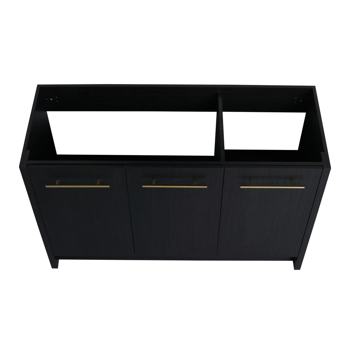 Noirline 48" bathroom vanity without sink with three-door design and gold finish metal handles.