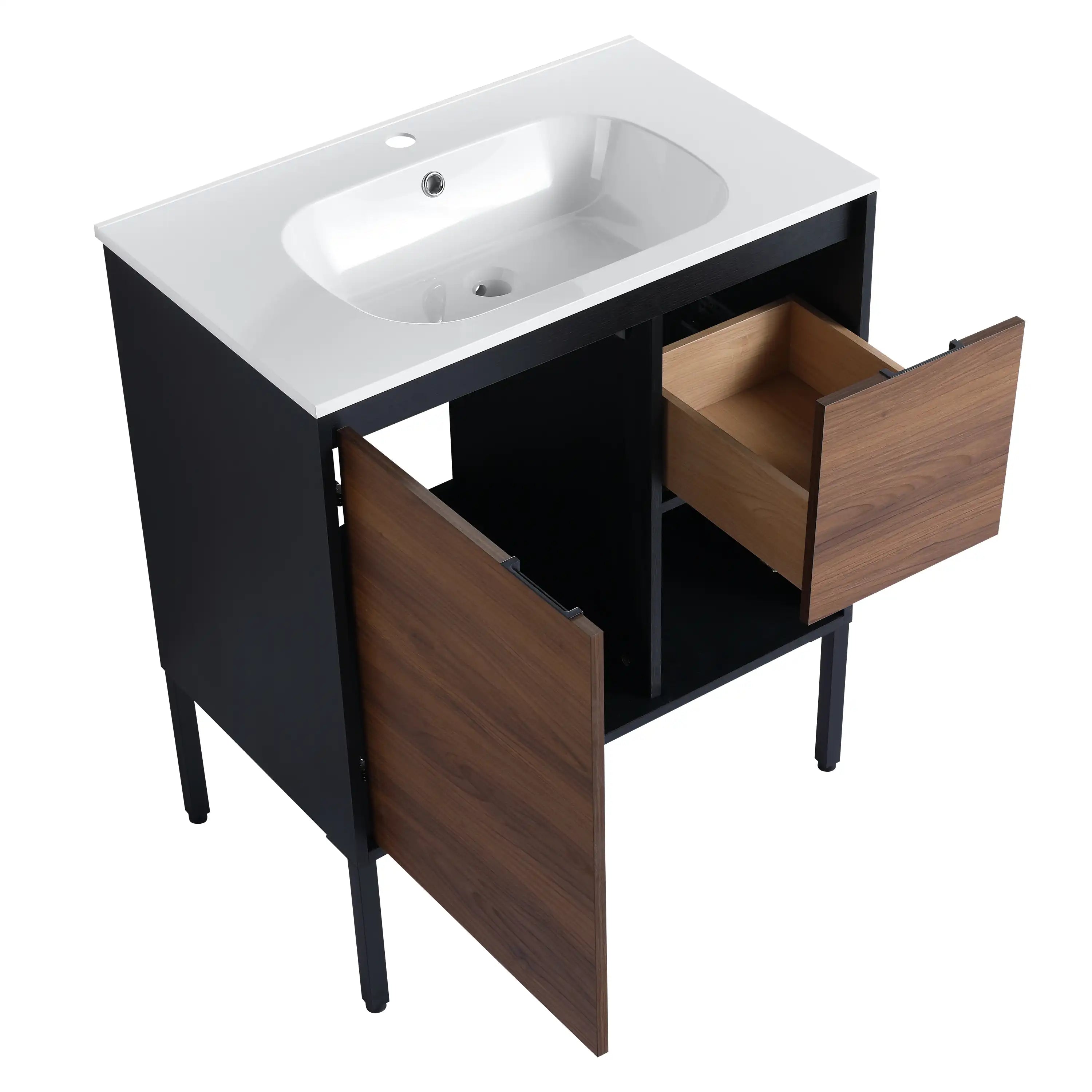 30" brown bathroom vanity with cabinet and drawer storage open view.
