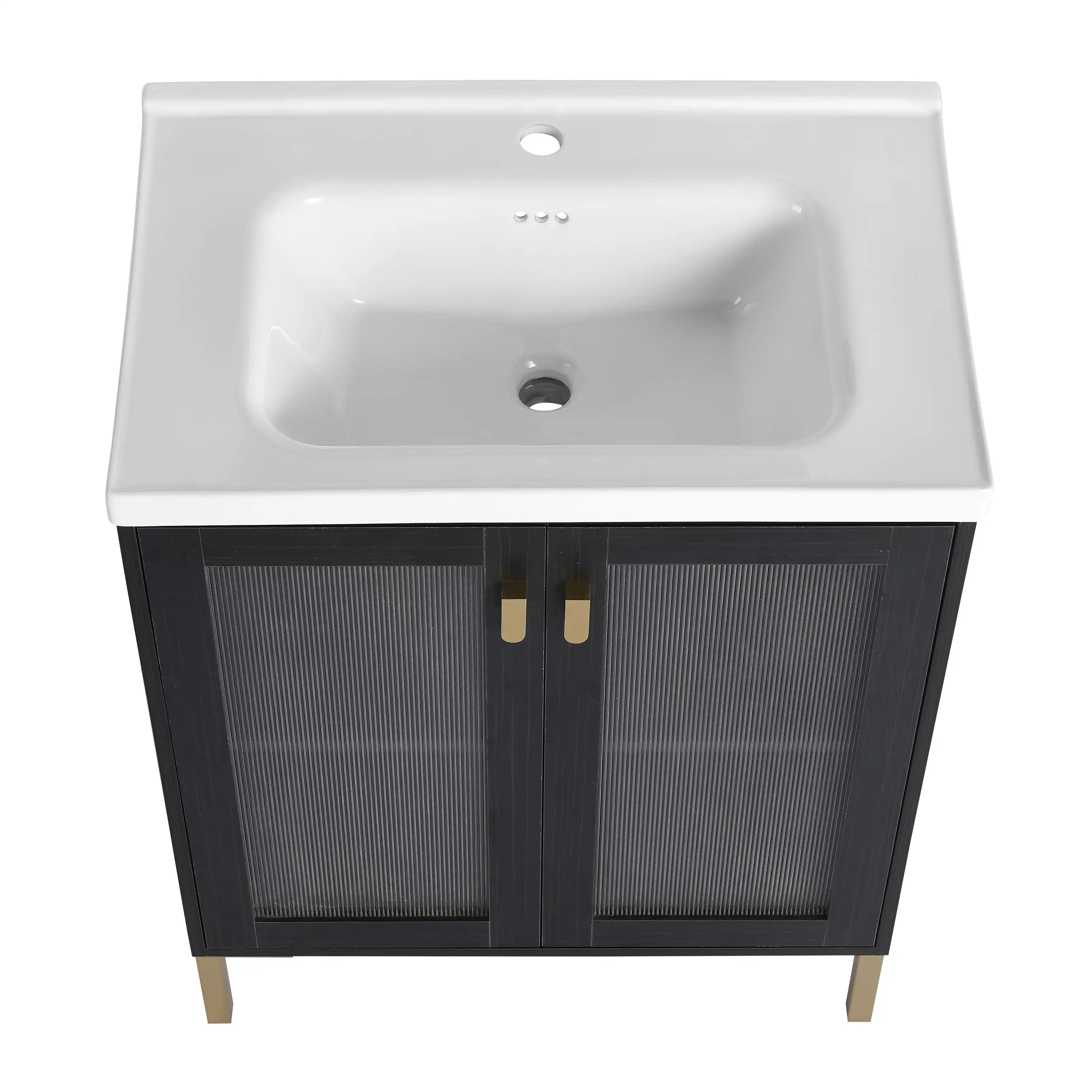 28" freestanding vanity with ceramic sink and reeded acrylic cabient doors, front top view.