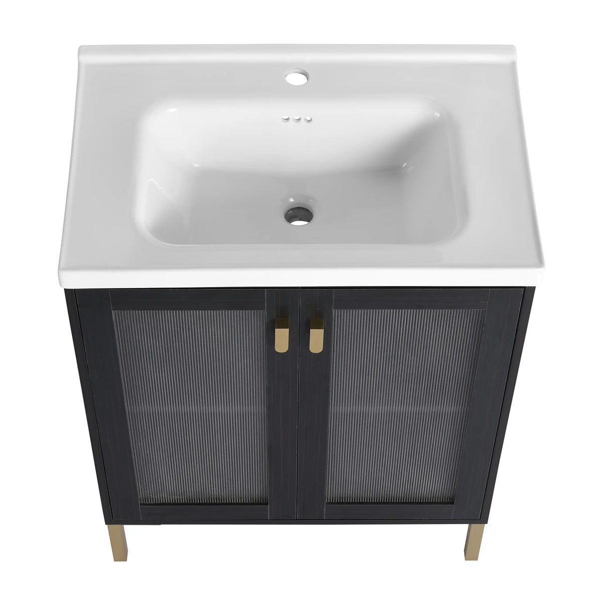 28" freestanding vanity with ceramic sink and reeded acrylic cabient doors, front top view.