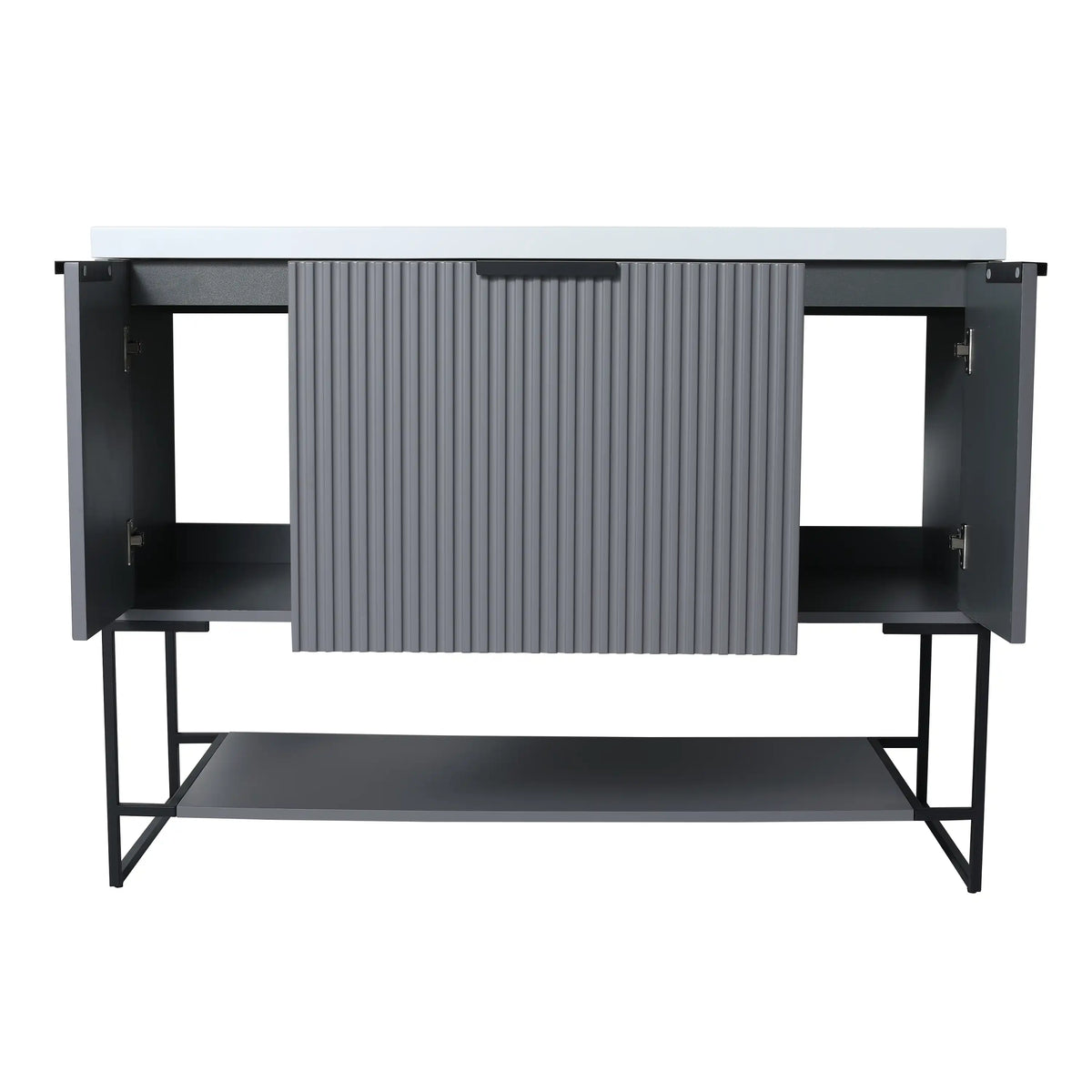 Side cabinets of the Striata 48" freestanding bathroom vanity.