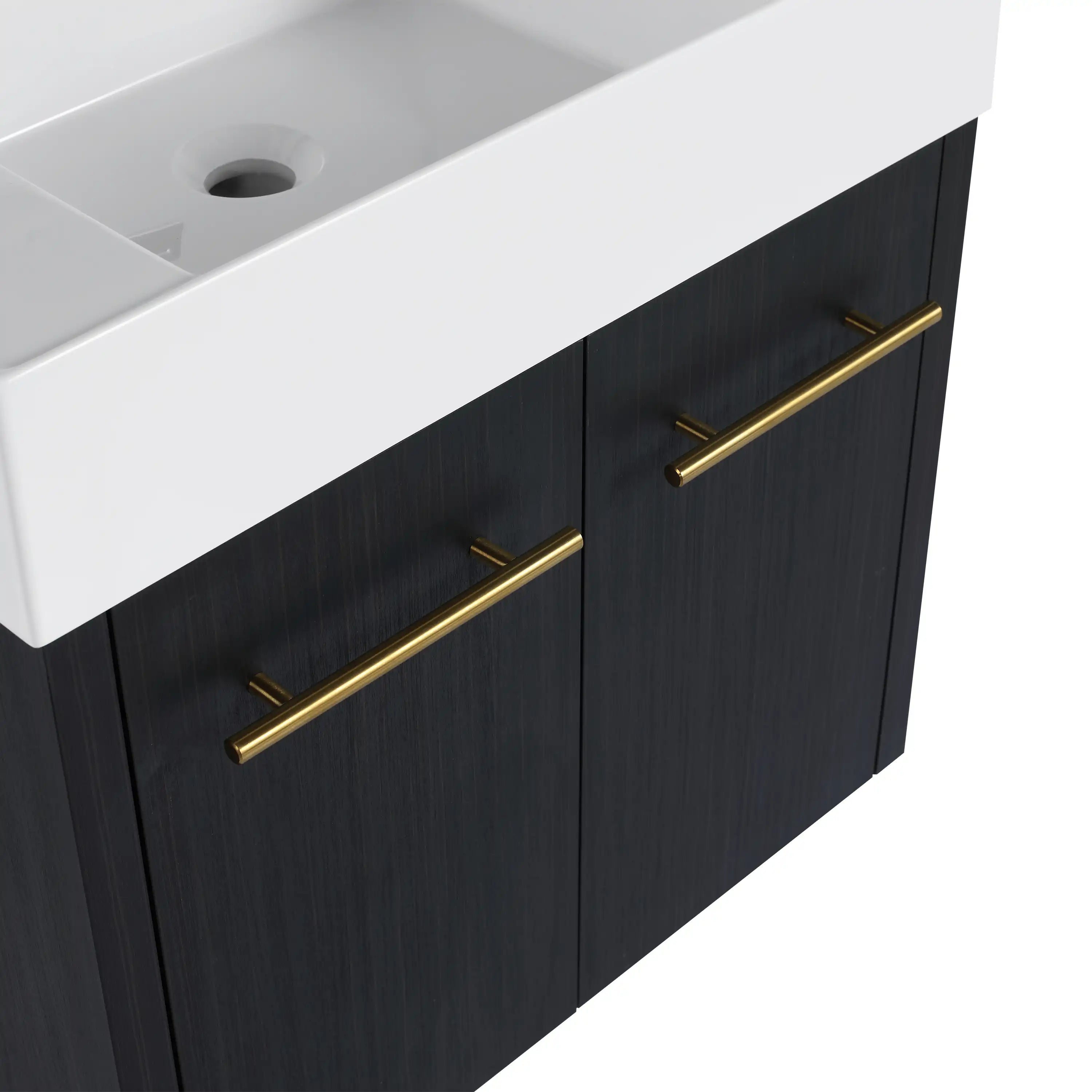 24-inch small wall mounted vanity with gold metal handles and black chestnut door detail.
