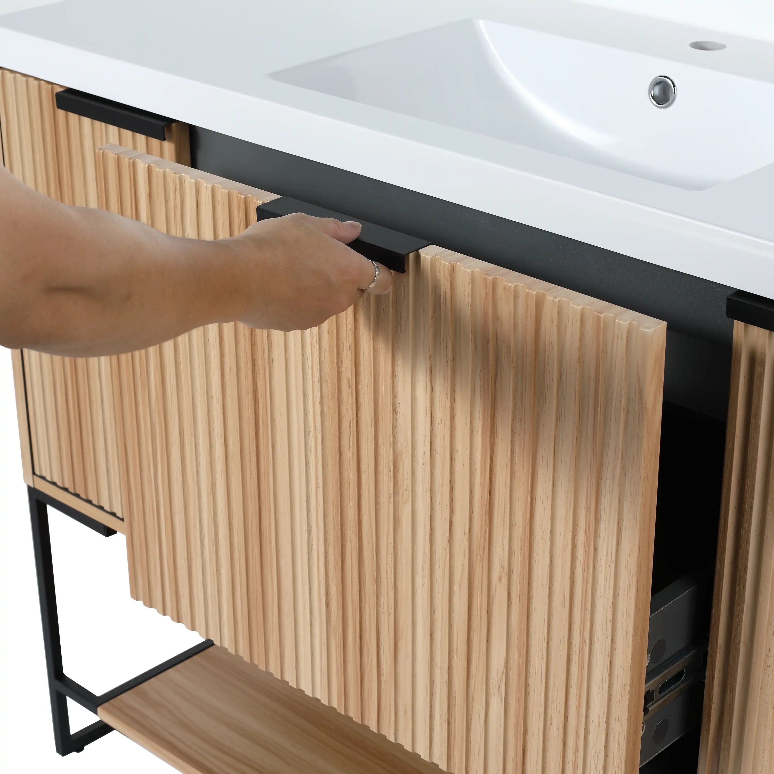 Striata Series 48-inch maple bathroom vanity with soft-close drawer and handle detail.