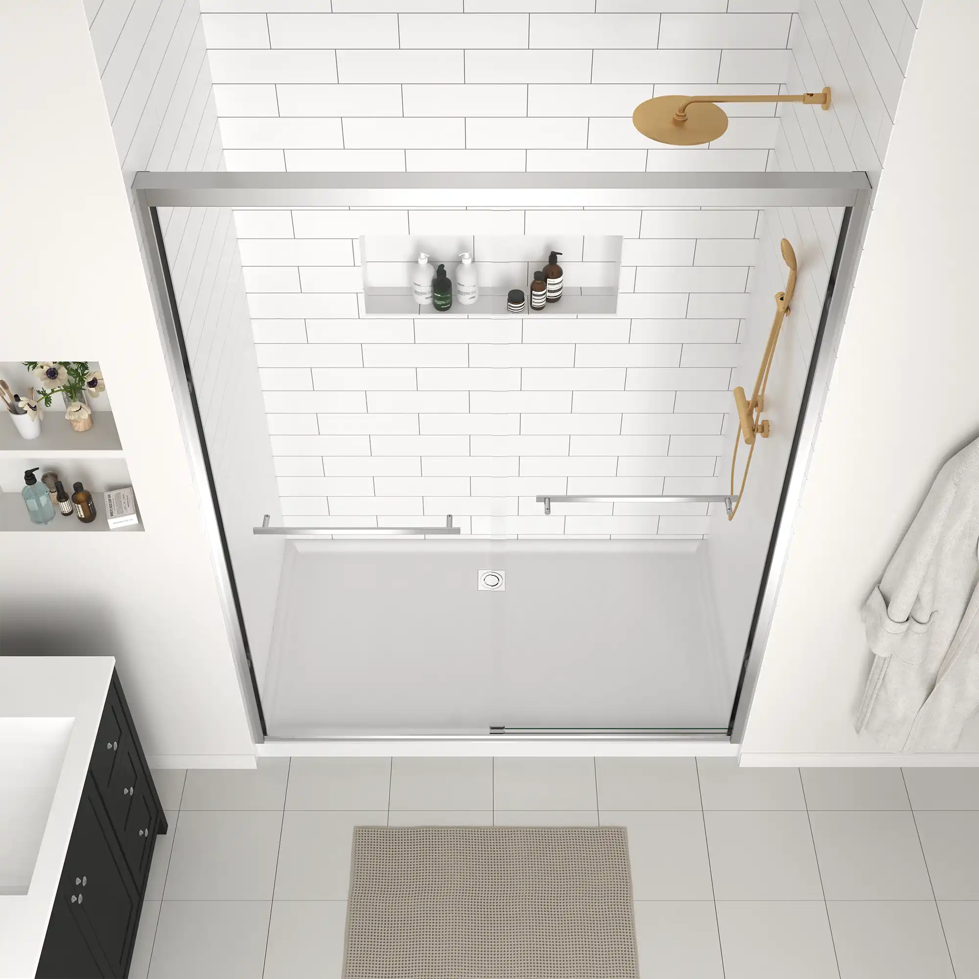 Bathroom interior with installed 60 x 70 framed glass shower door shown from overhead view | Ace Decor