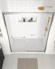 Bathroom interior with installed 60 x 70 framed glass shower door shown from overhead view | Ace Decor