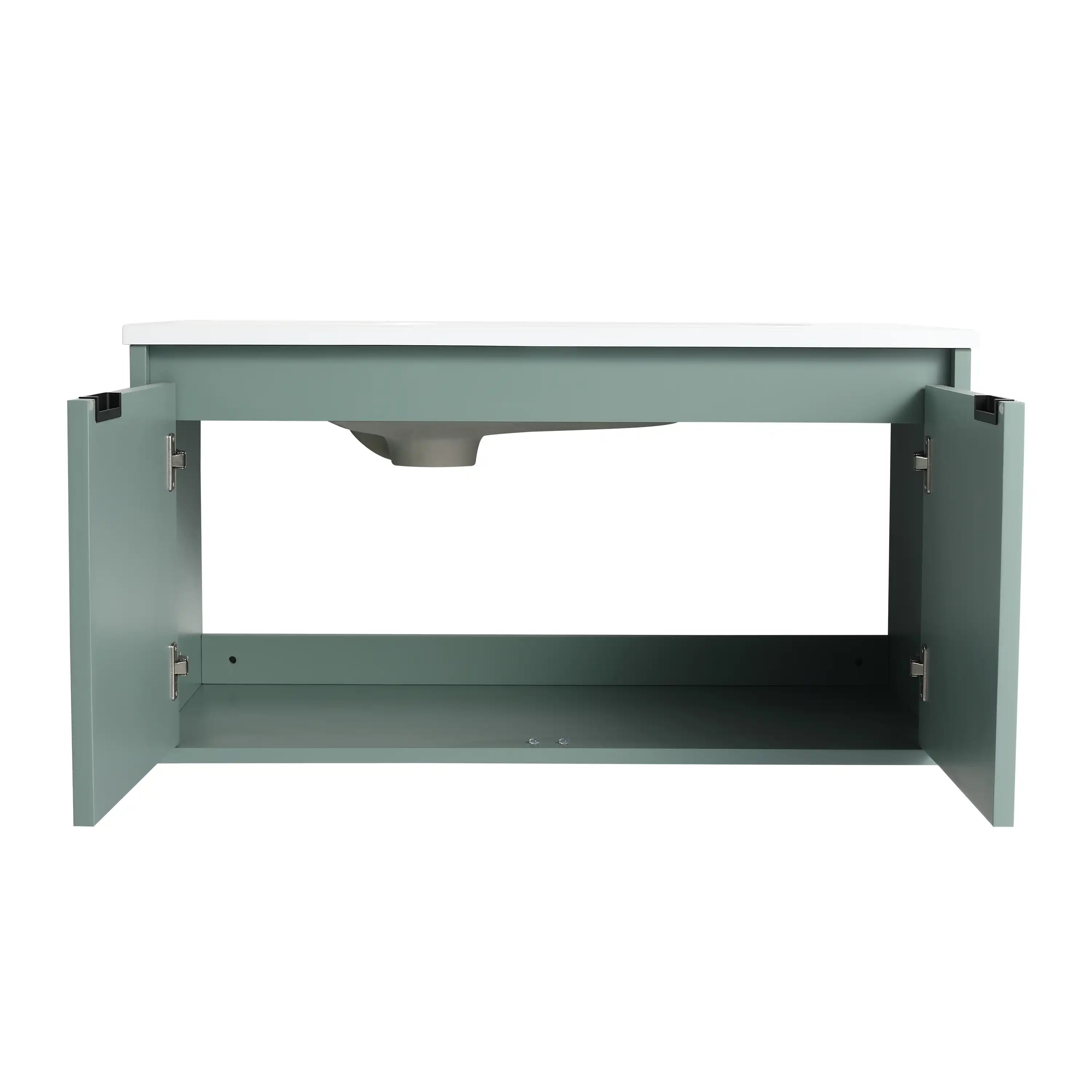 36" saga green vanity bathroom open cabinet storage view.