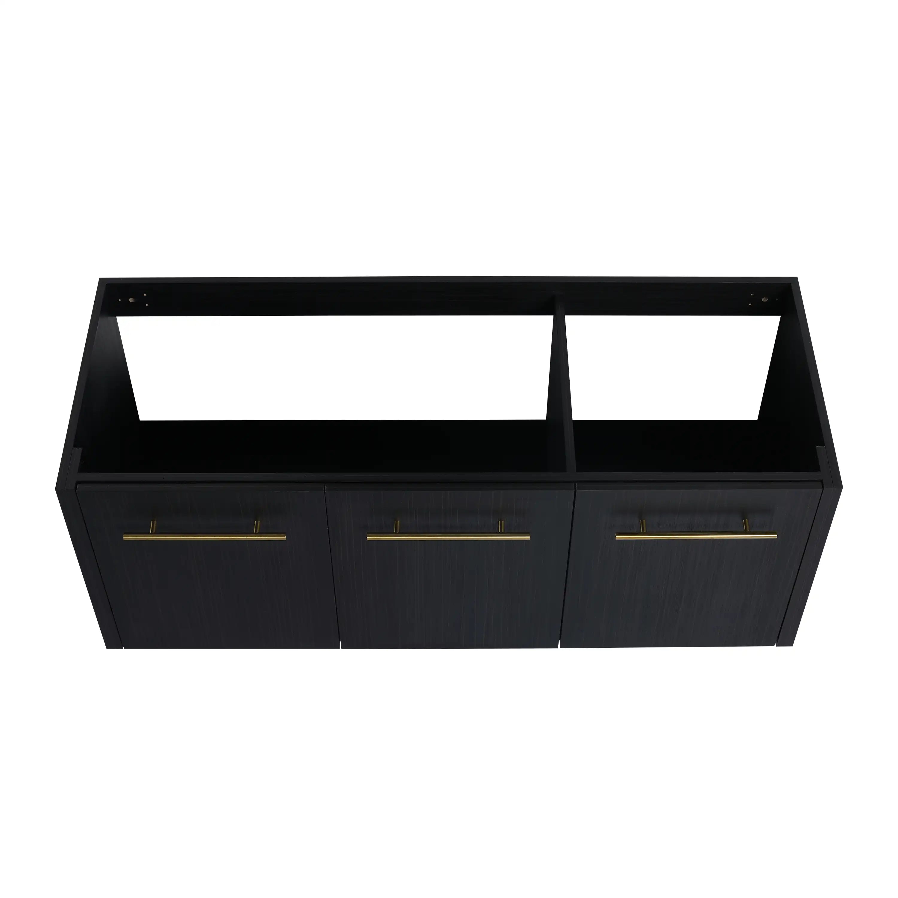 48" vanity cabinet without sink top view showing internal compartments and open storage space.