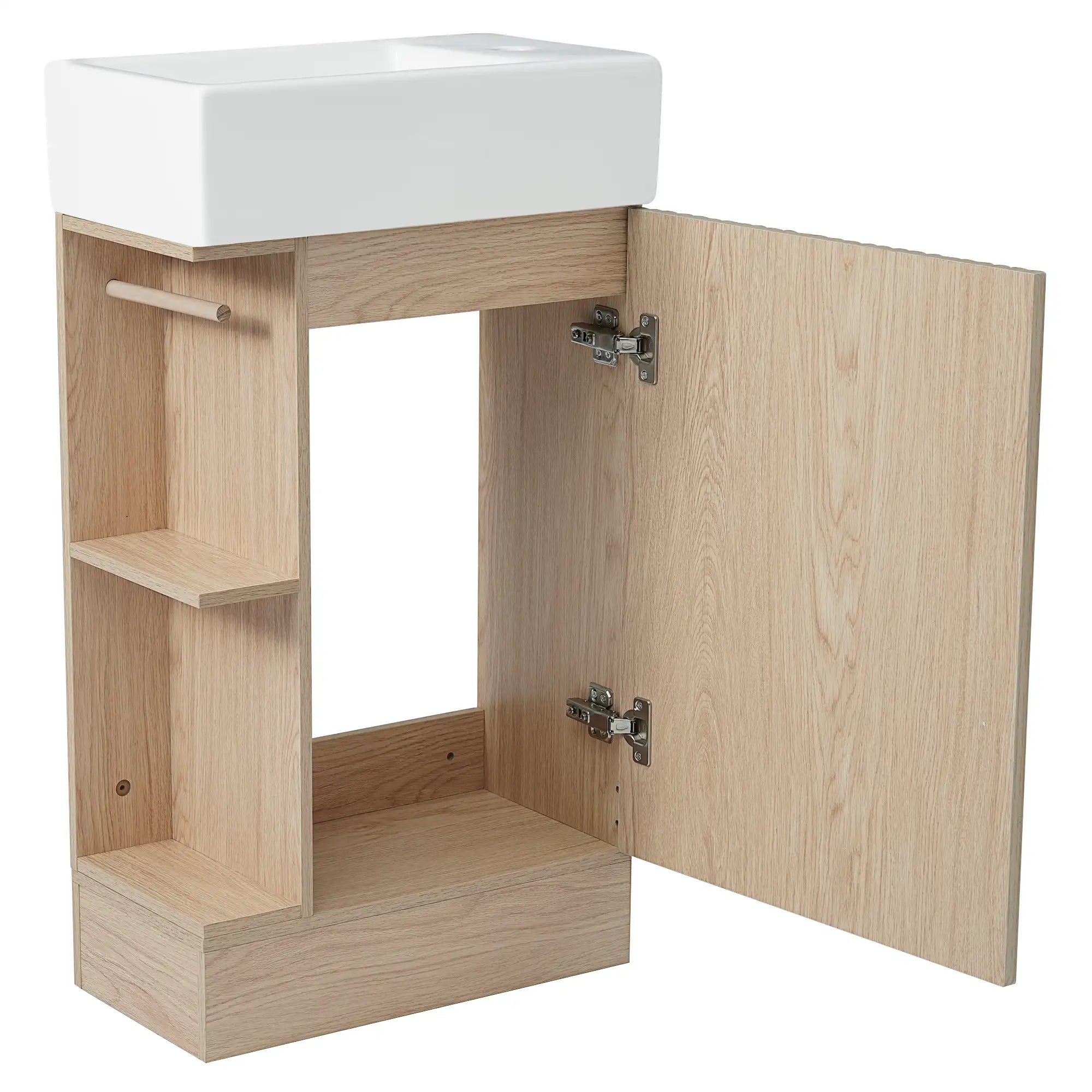 18.6" oak finish bathroom vanity with open cabinet door and side shelf | Ace Decor