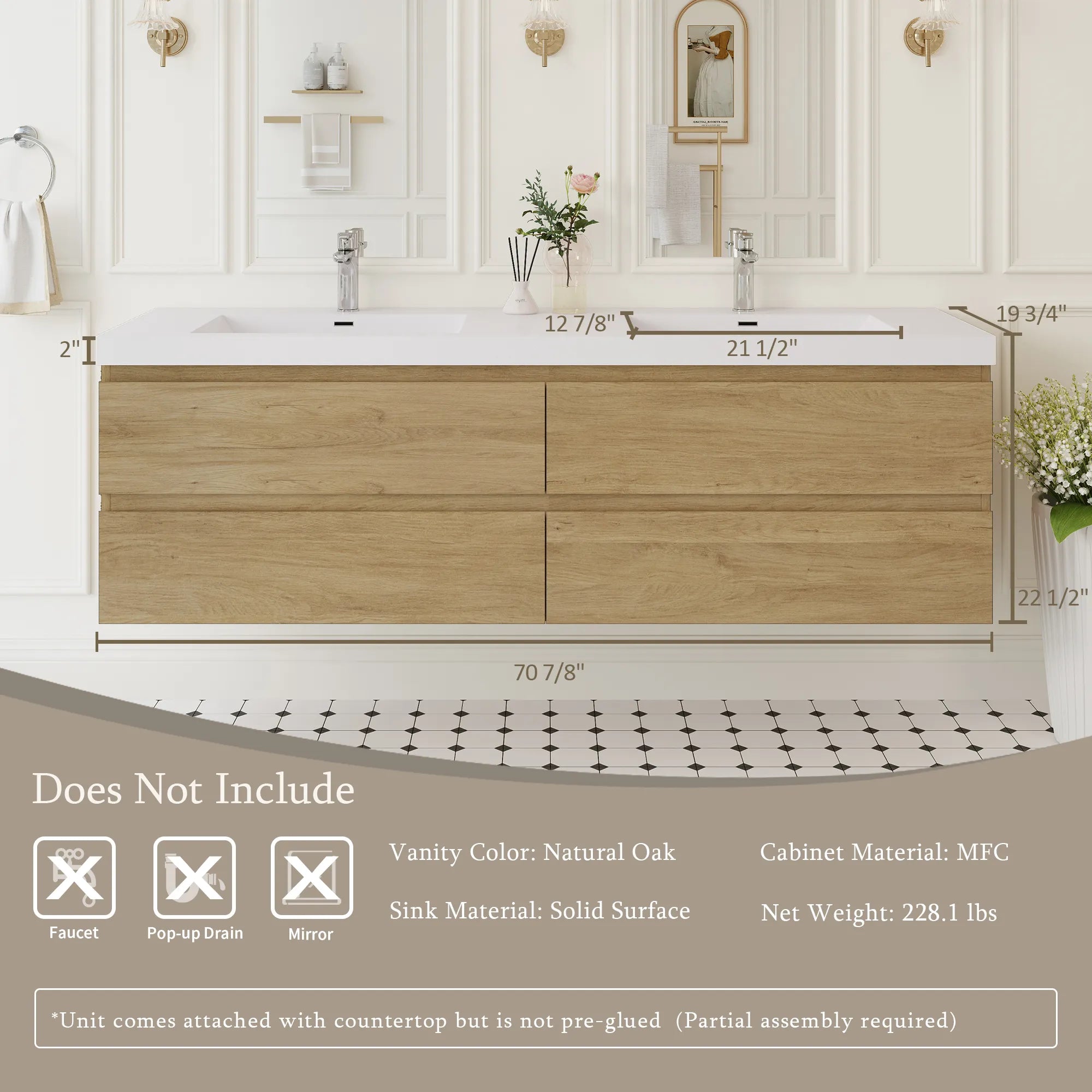 TerraLine 72" black floating vanity specifications with dimensions, weight and materials.