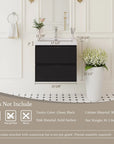 24" black single sink bathroom vanity with two drawers, solid surface basin, and labeled dimensions.