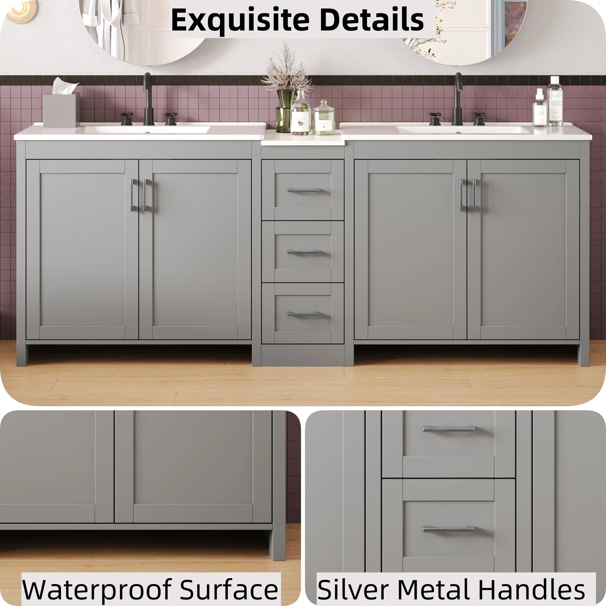 Elysian 84&quot; Freestanding Bathroom Vanity with Double Sinks – Grey