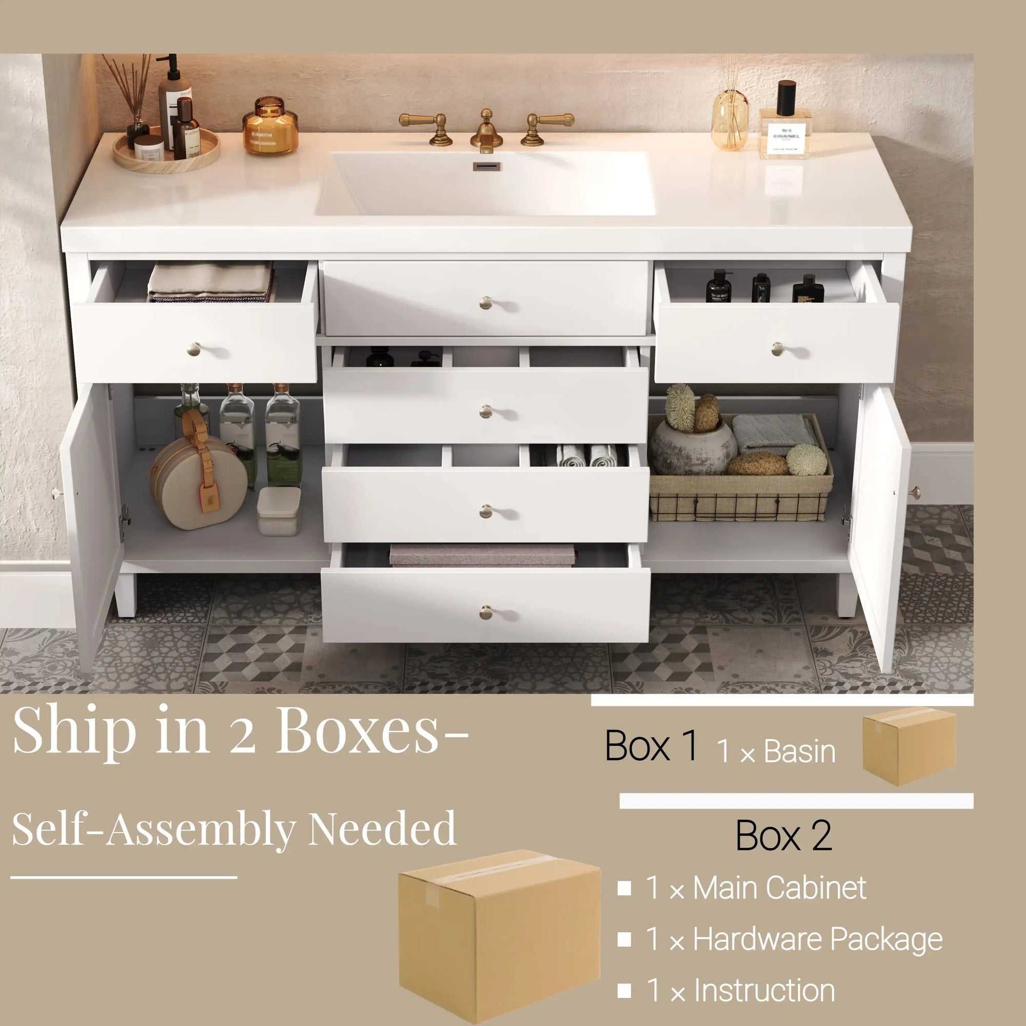 Soleil 60&quot; Bathroom Vanity with Sink, Elegant White Cabinet with Drawers