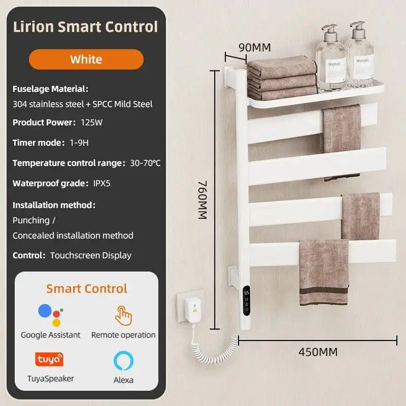 Lirion Series 18&quot; x 30&quot; Heated Towel Rack with Foldable Shelf - White
