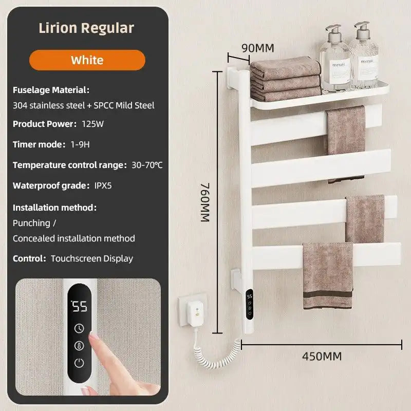 Lirion Series 18&quot; x 30&quot; Heated Towel Rack with Foldable Shelf - White