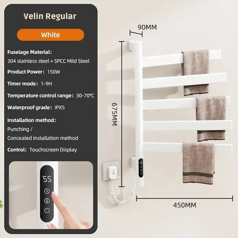 Velin Regular white heated towel rail radiator with touchscreen display and waterproof design | Ace Decor