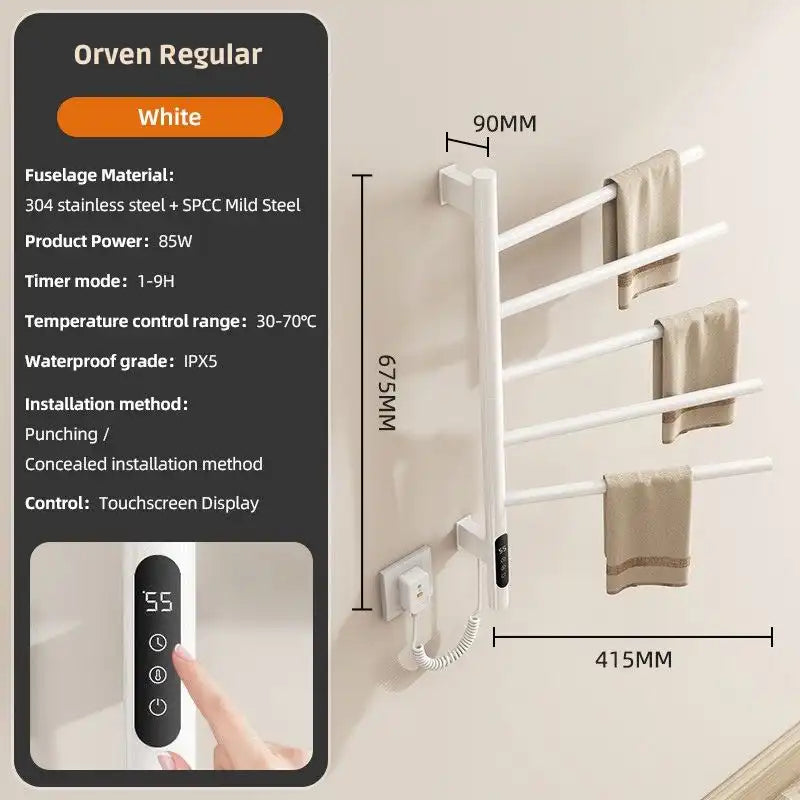 Orven Regular white towel rack heater with LED touchscreen and 85W heating power | Ace Decor