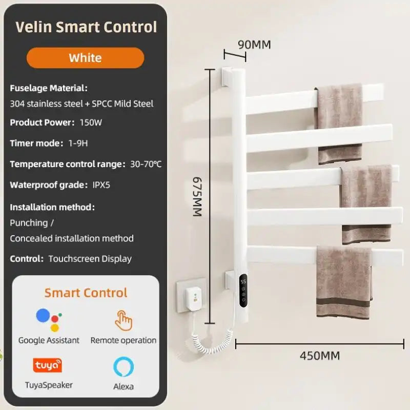 Velin Smart Control white heated towel rail radiator with WiFi, timer and IPX5 waterproof rating | Ace Decor