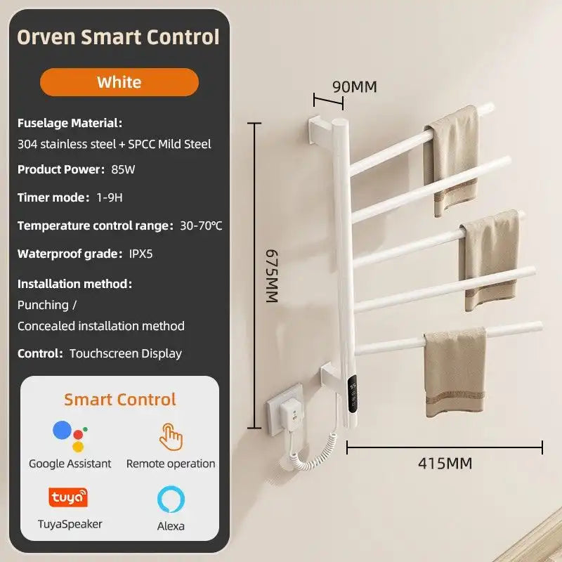 Orven Smart Control white towel rack heater with touchscreen display and WiFi compatibility | Ace Decor