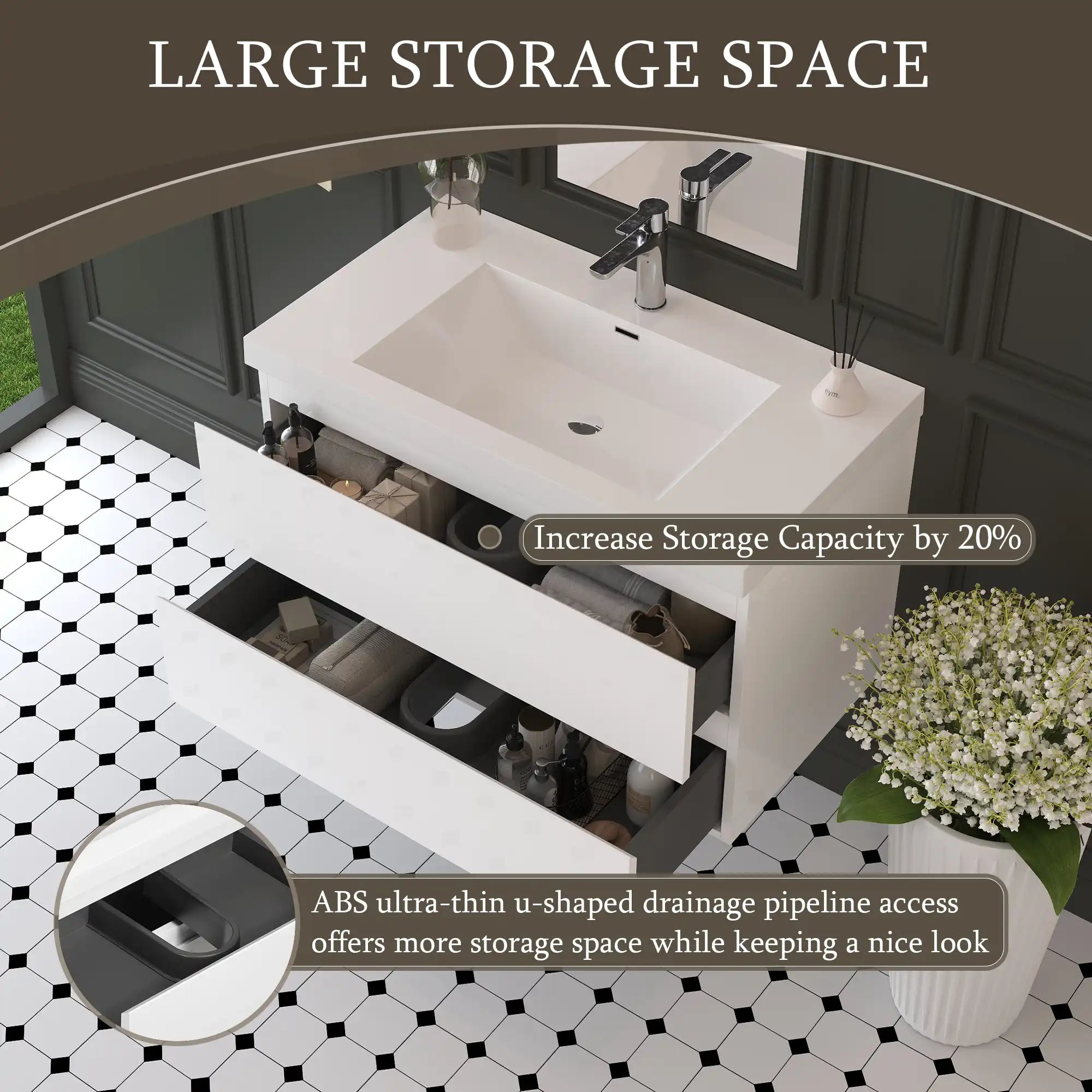 Oakmere Series 36" White Bathroom Floating Vanity with Resin Sink &amp; 2 Soft-Close Drawers