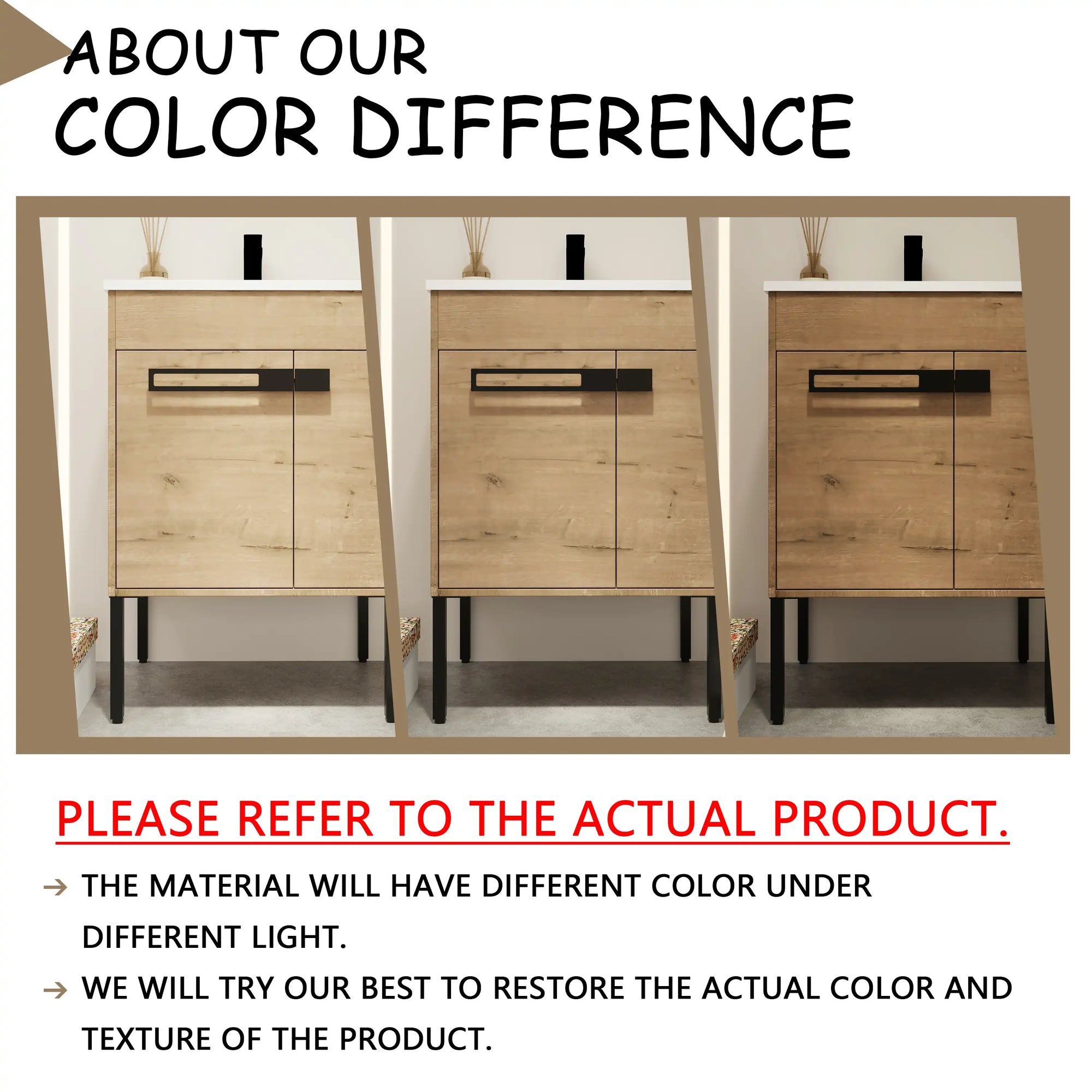 24" freestanding bathroom vanity with sink showing imitative oak finish color variations under different lighting | Ace Decor