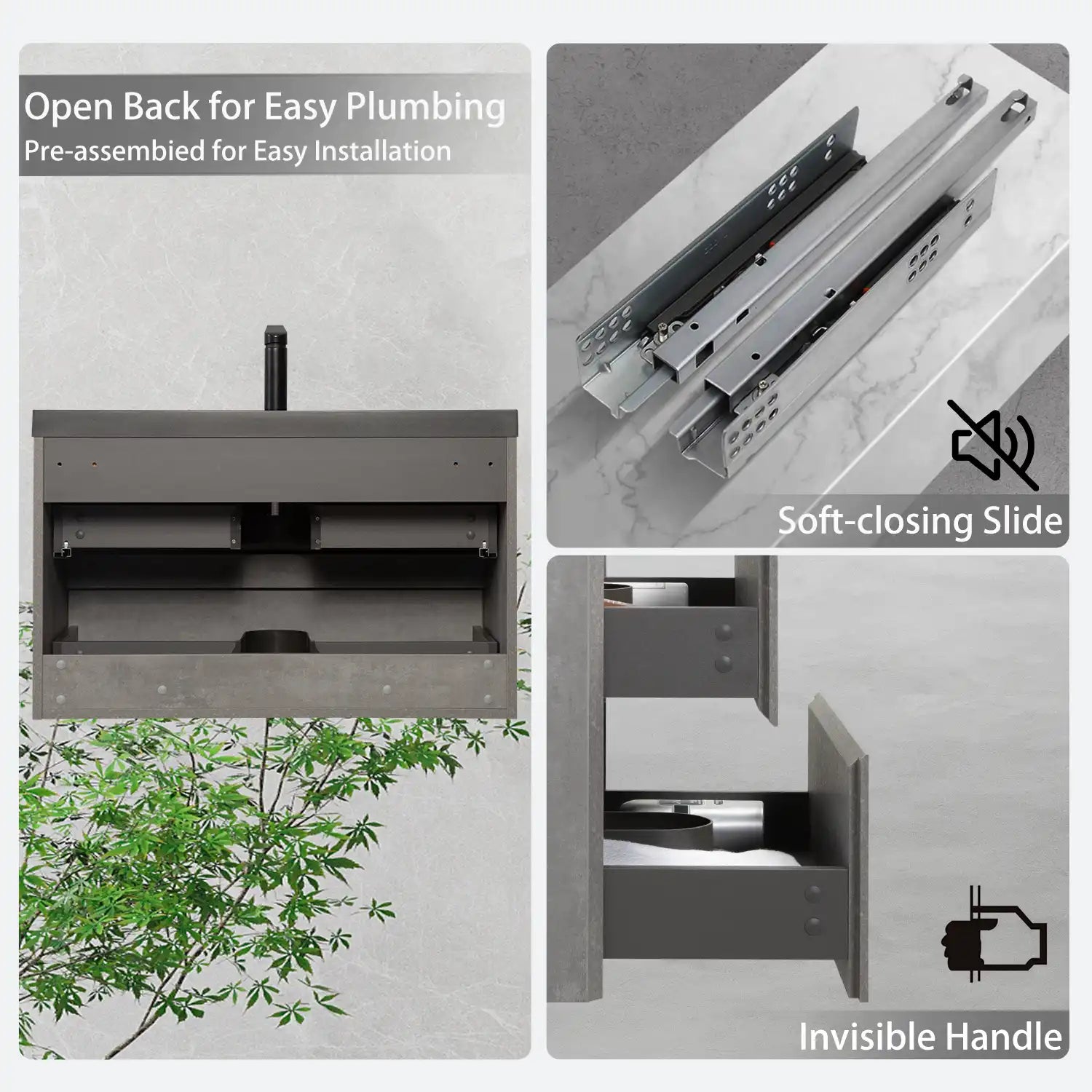 23''-47'' Floating Dark Grey Corner Vanity with Matte Black Sink - 2 Soft Close Drawers