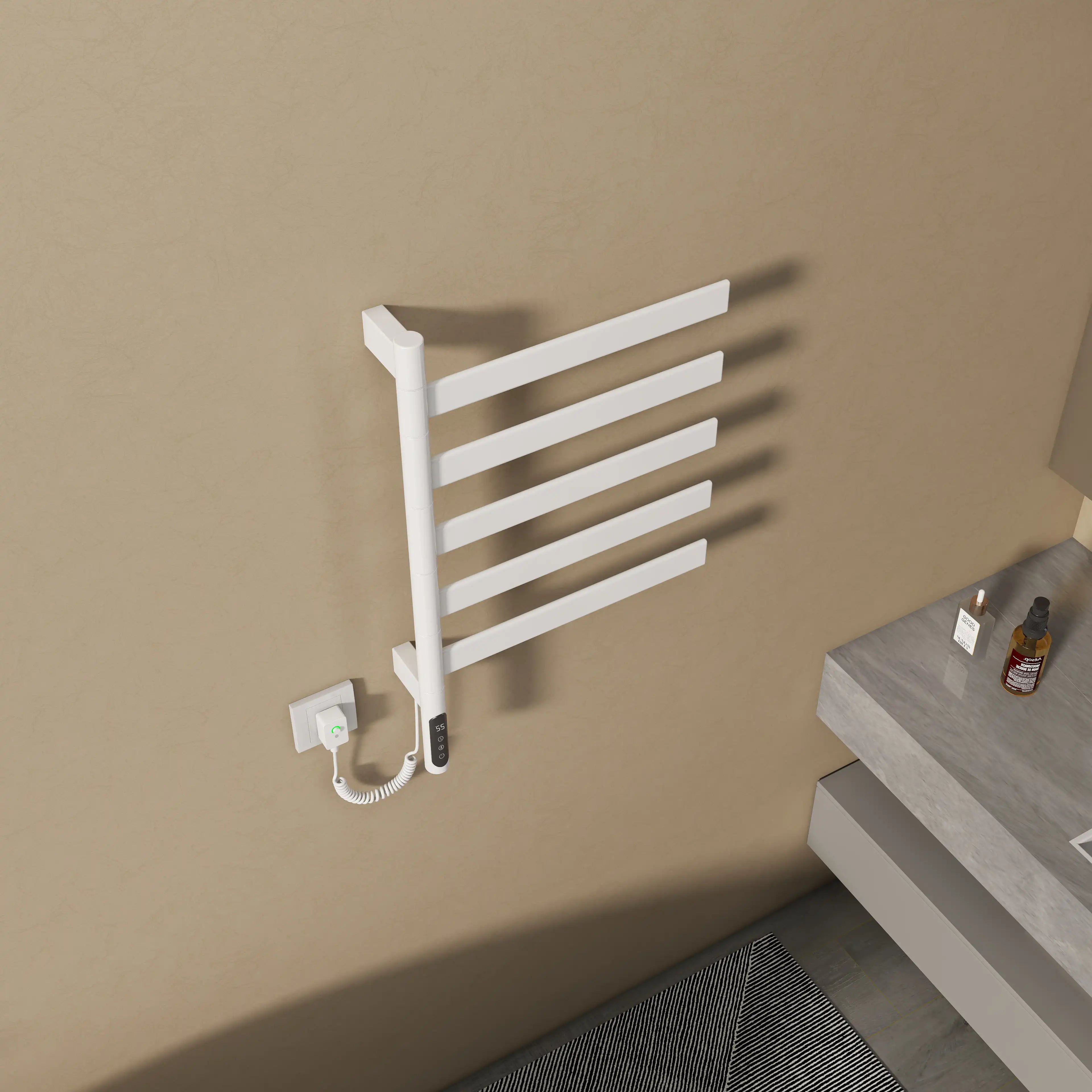 Wall-mounted white heated towel rail radiator with adjustable rotating bars.