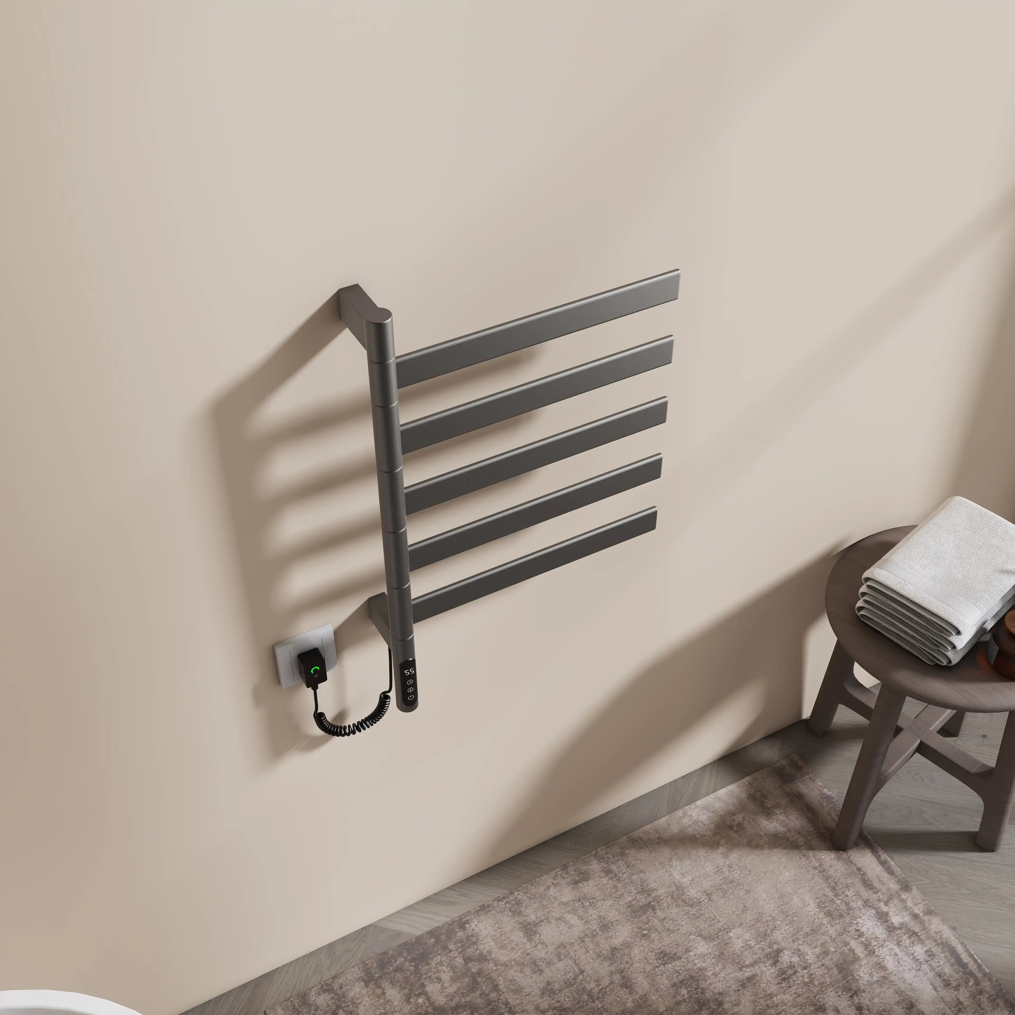 Velin Series 18 x 27 gray electric towel warmer for bathroom viewed from above showing sleek modern design | Ace Decor