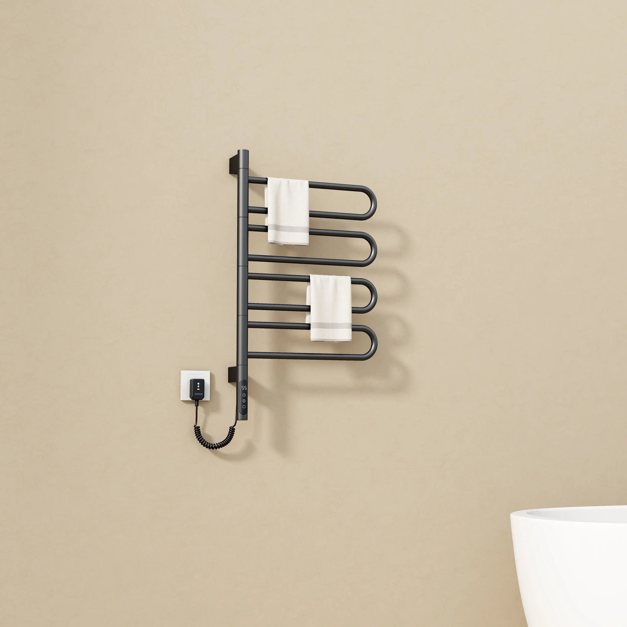 17 x 31 electric towel rack warmer in black, compact wall-mounted design for modern bathrooms | Ace Decor