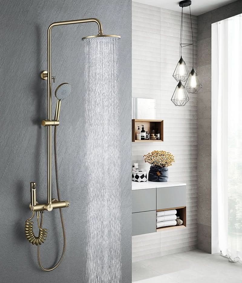 Brushed Gold Dual Shower Head System – 360° Rainfall & 5-Function Handheld