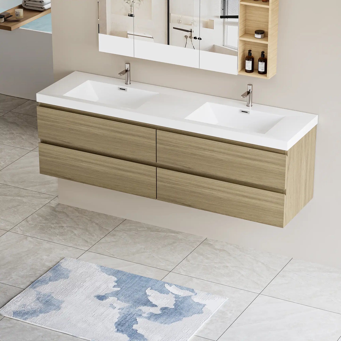 71 X 20 Modern Floating Double Sink Bathroom Vanity - Wall Mounted Storage Cabinet color: Oak