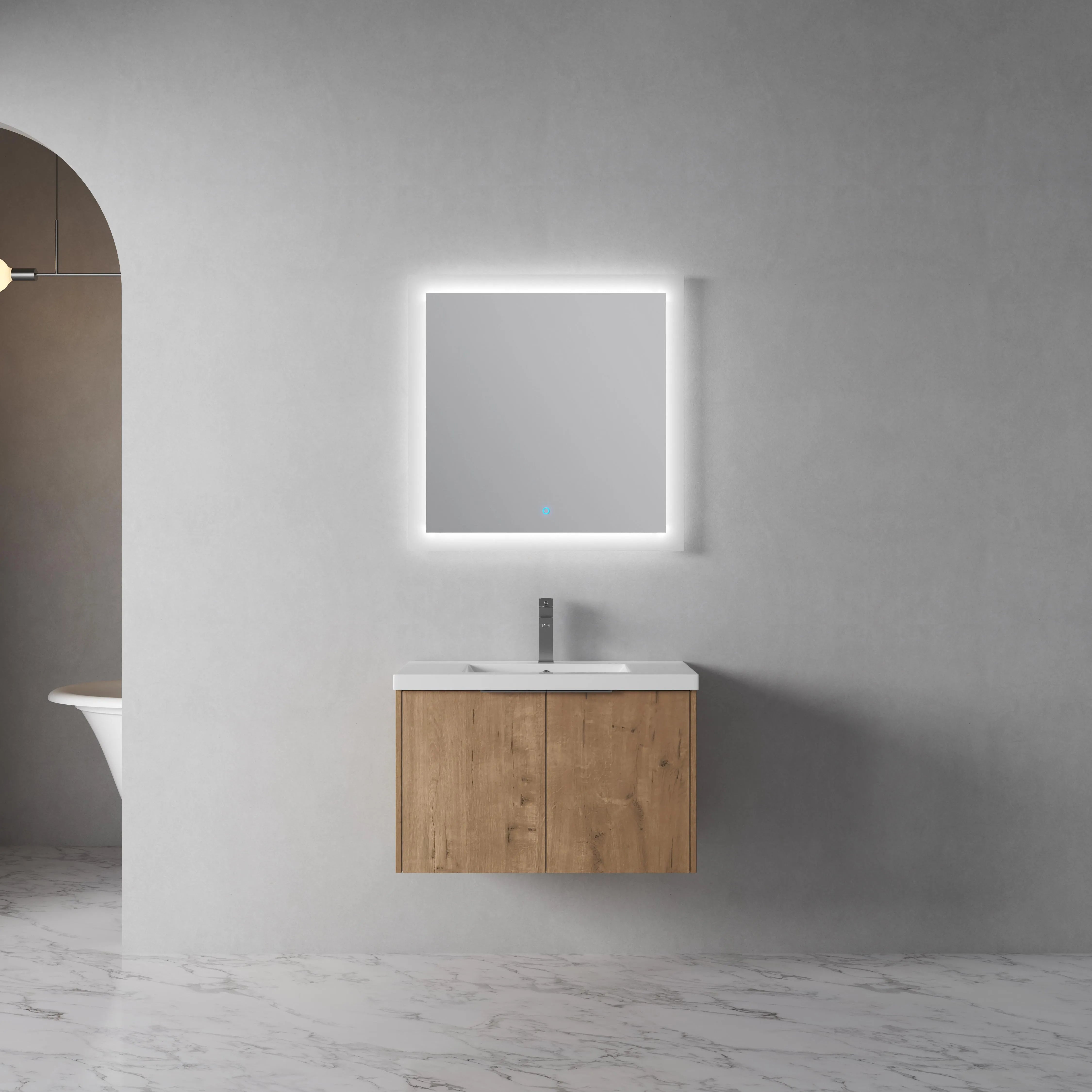 Monterey 30 inch oak floating bathroom vanity with integrated sink and square LED mirror in a modern bathroom.